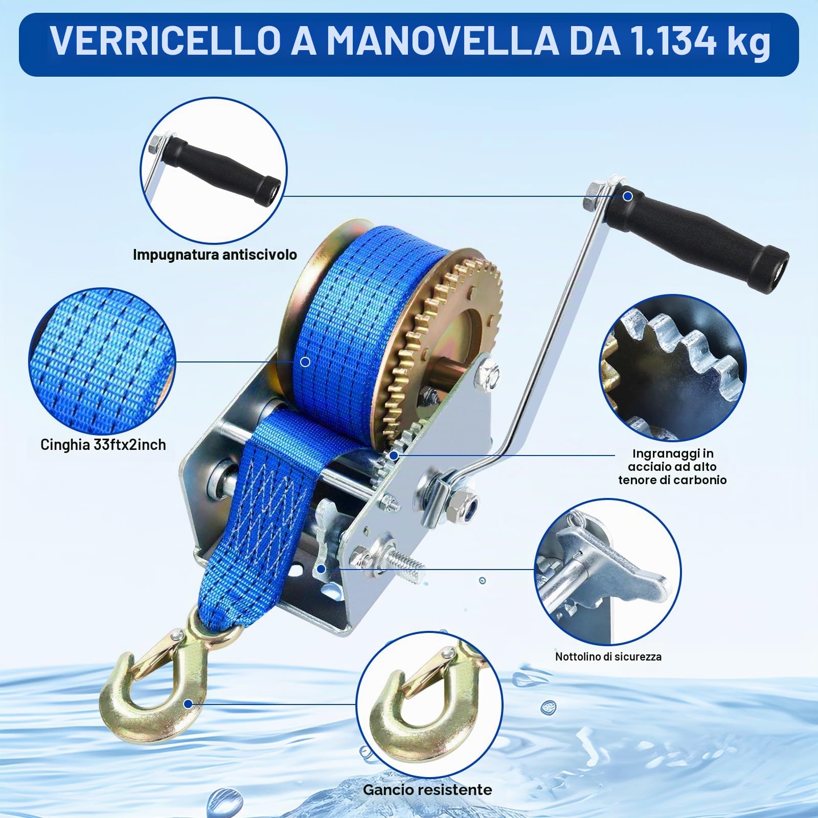 FreeTec Verricello Manuale con Cinghia 1130Kgs (2500Lbs) Argano Manuale con 10 m di Cinghia di Alaggio per Barche Auto