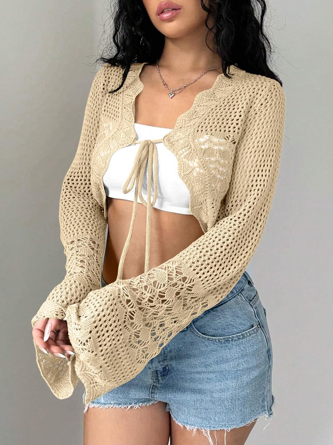 Yesfashion Women's Bell Sleeve Cardigan Hollow Out Front Tie Up Cropped Shrug