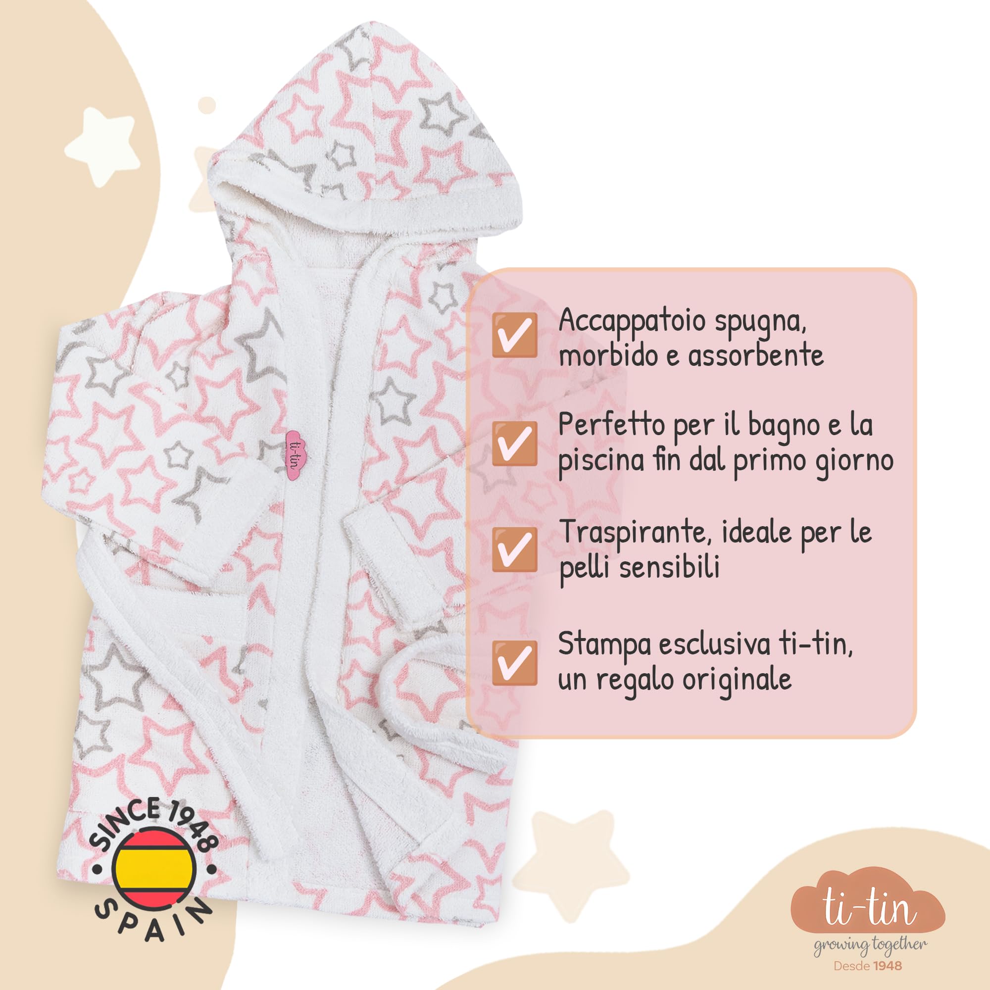 Ti TIN Accappatoio Bambino Bambina in Spugna di Cotone Assorbente e Morbido con Cappuccio Cintura e Tasca