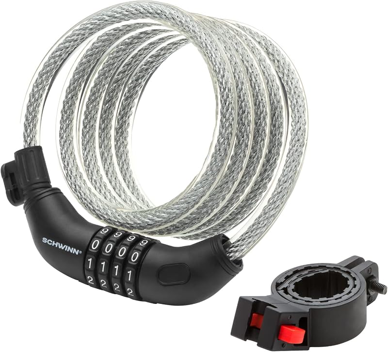 Bike Combination Cable Lock, 6 ft x 12 mm, Black & Silver, Durable Steel, Vinyl Cover, Carrying Bracket for Storage and Transport, Anti Theft Protection, Bike Lock Cable for Security