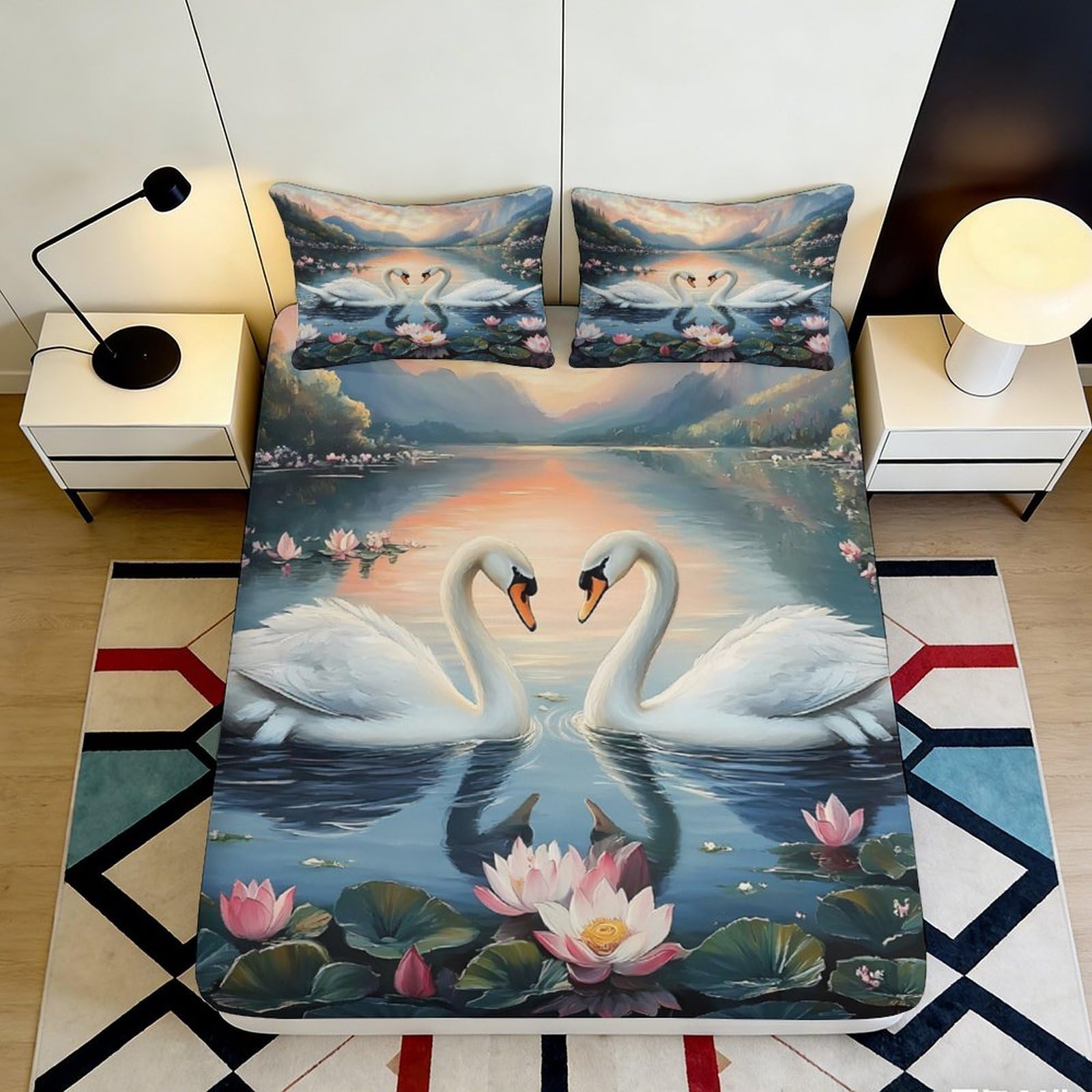 3D Printed Swan Lake Fitted Sheet Microfiber Soft Breathable Lotus Flower Bed Cover for Bedroom Dormitory Guest Room Mattress Protection Decor 120x200x25cm