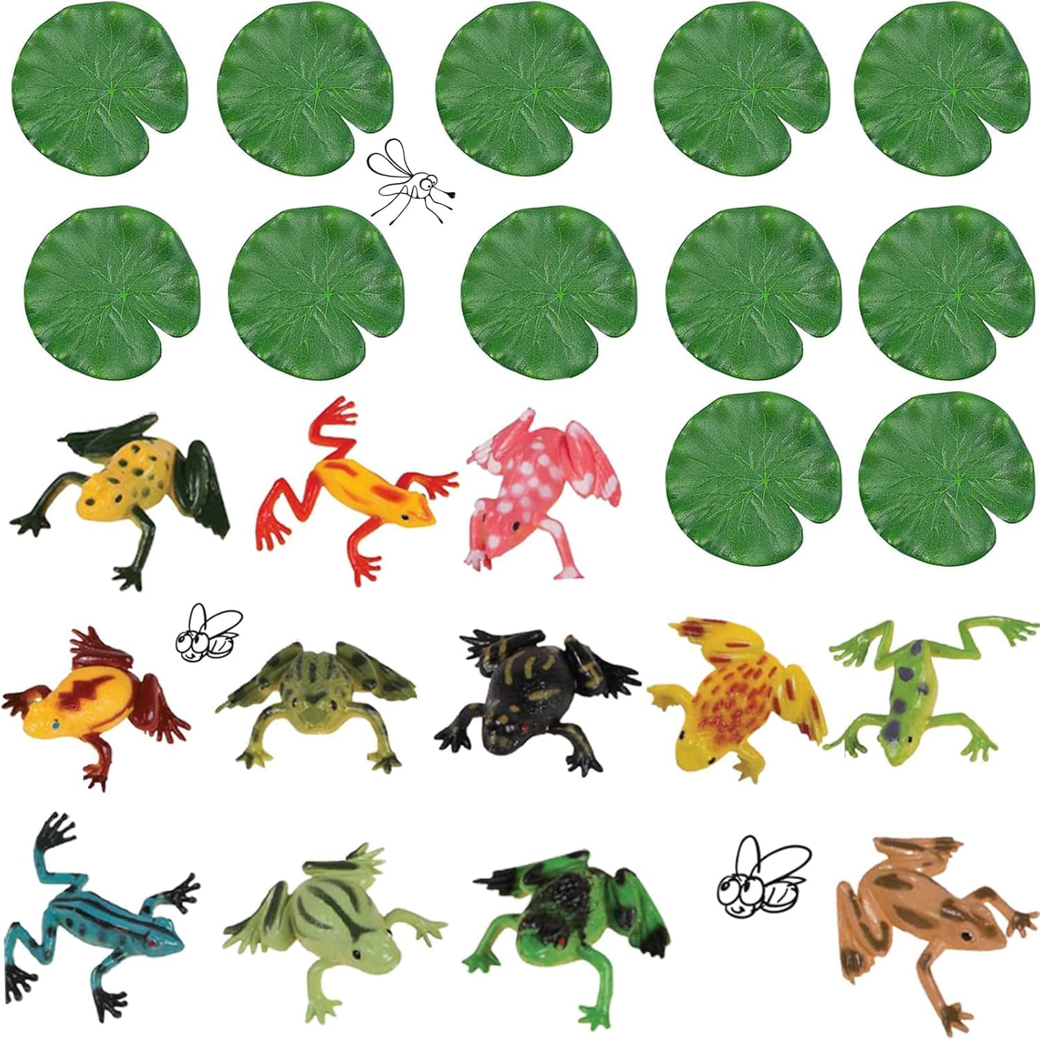 24Pcs Plastic Frogs Set,12Pcs Frog Toy and Artificial Lily Pads Colorful Realistic Frog,Artificial Lotus Leaves Floating Lotus Leaves for Pond Pool Crafts Decoration Micro-landscape Pool Party Decor