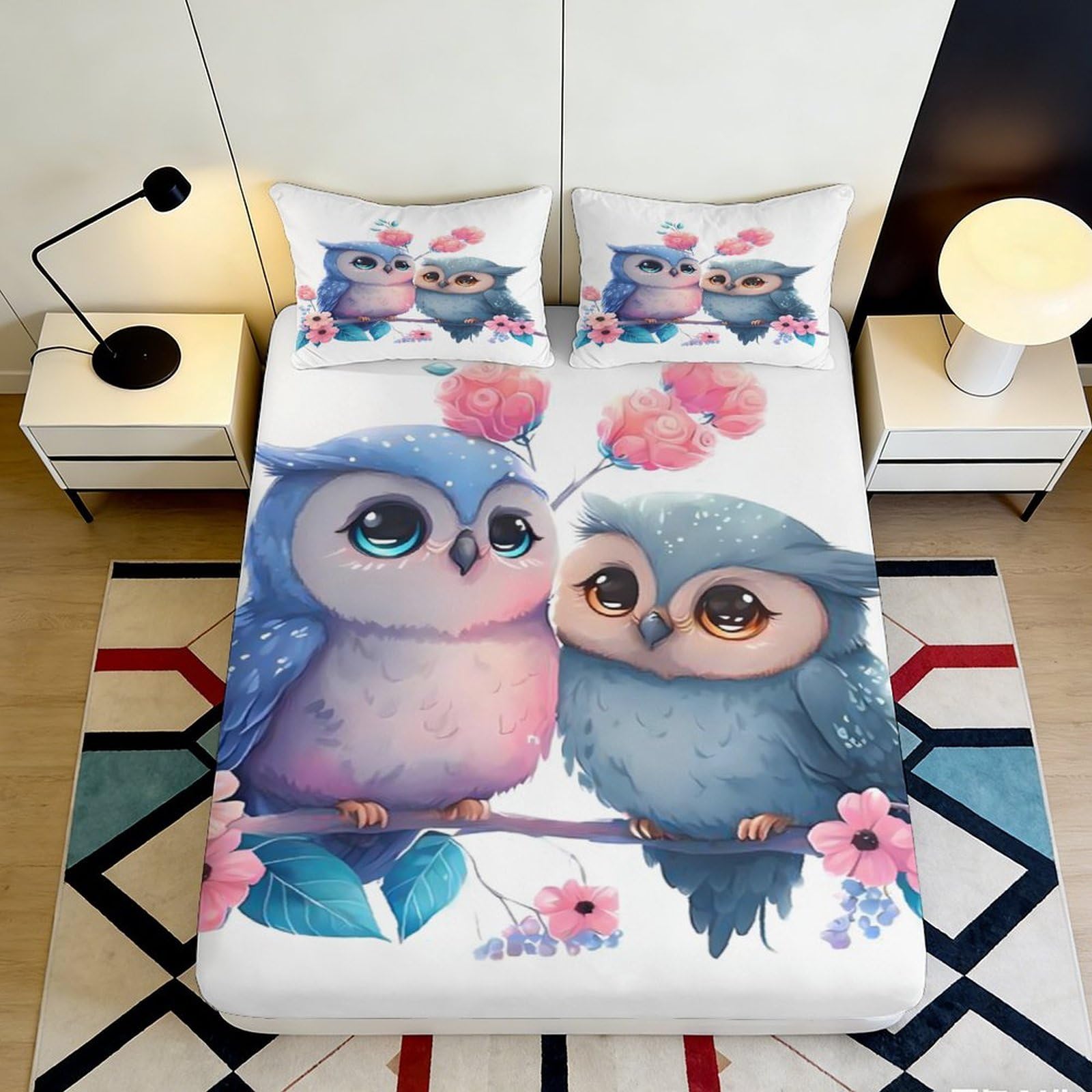 3D Printed Cute Owl Fitted Sheet Microfiber Soft Blue Pink Cartoon Bird Mattress Cover for Bedroom Dorm Home Decor 90x200x25cm