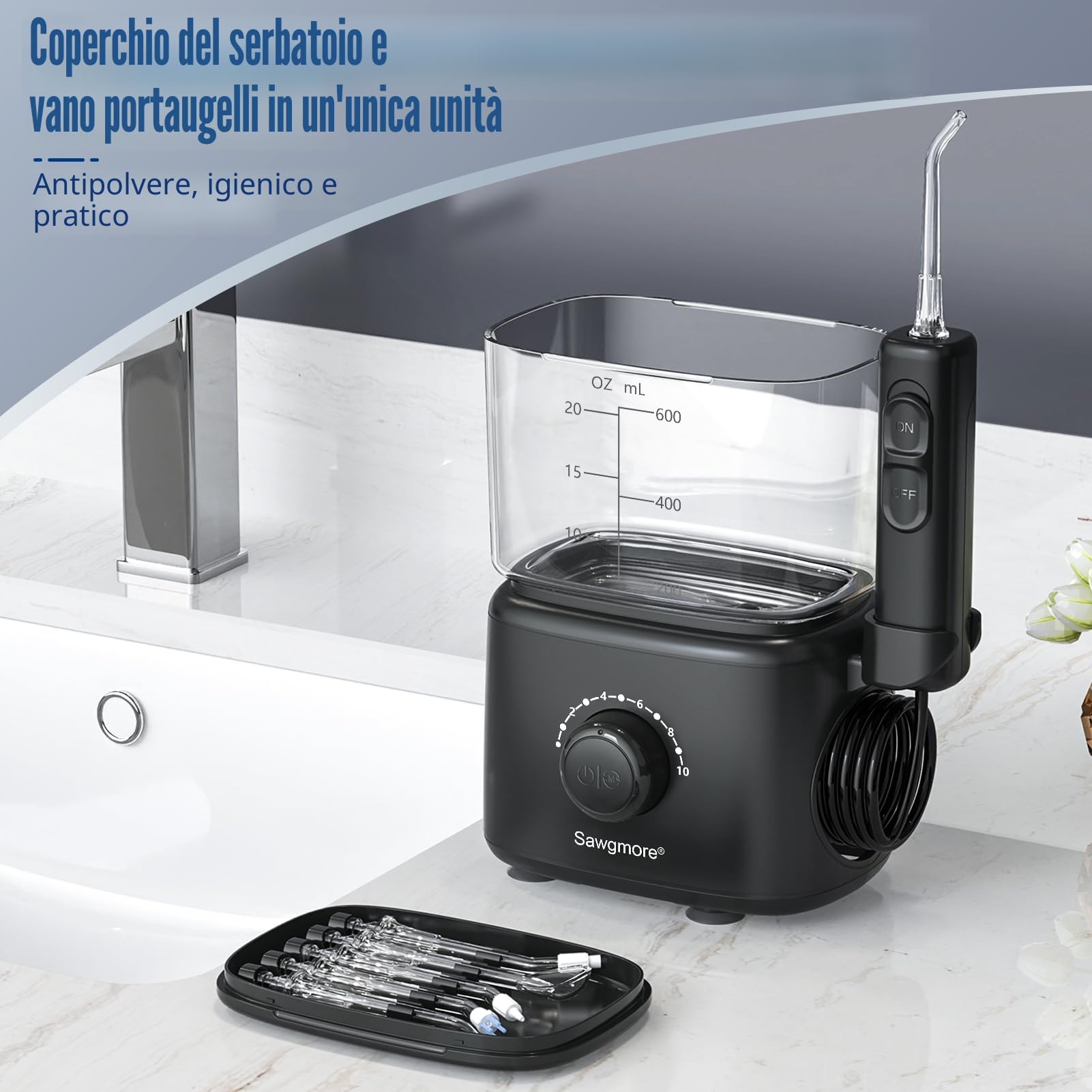 Sawgmore - Idropulsore Dentale con 10 livelli di pressione regolabili, capacità 600 ml, irrigatore orale con 5 punte multifunzione per la casa (nero)