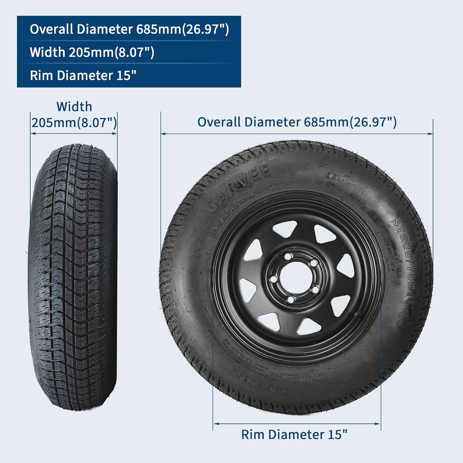 GarveeTech 2-Pack Trailer Tire On Rim ST205/75D15 Trailer Tires and Wheels 5 Lug on 4.5 in PCD Trailer Tires with 15 in Rims Load Range C 6PR Black