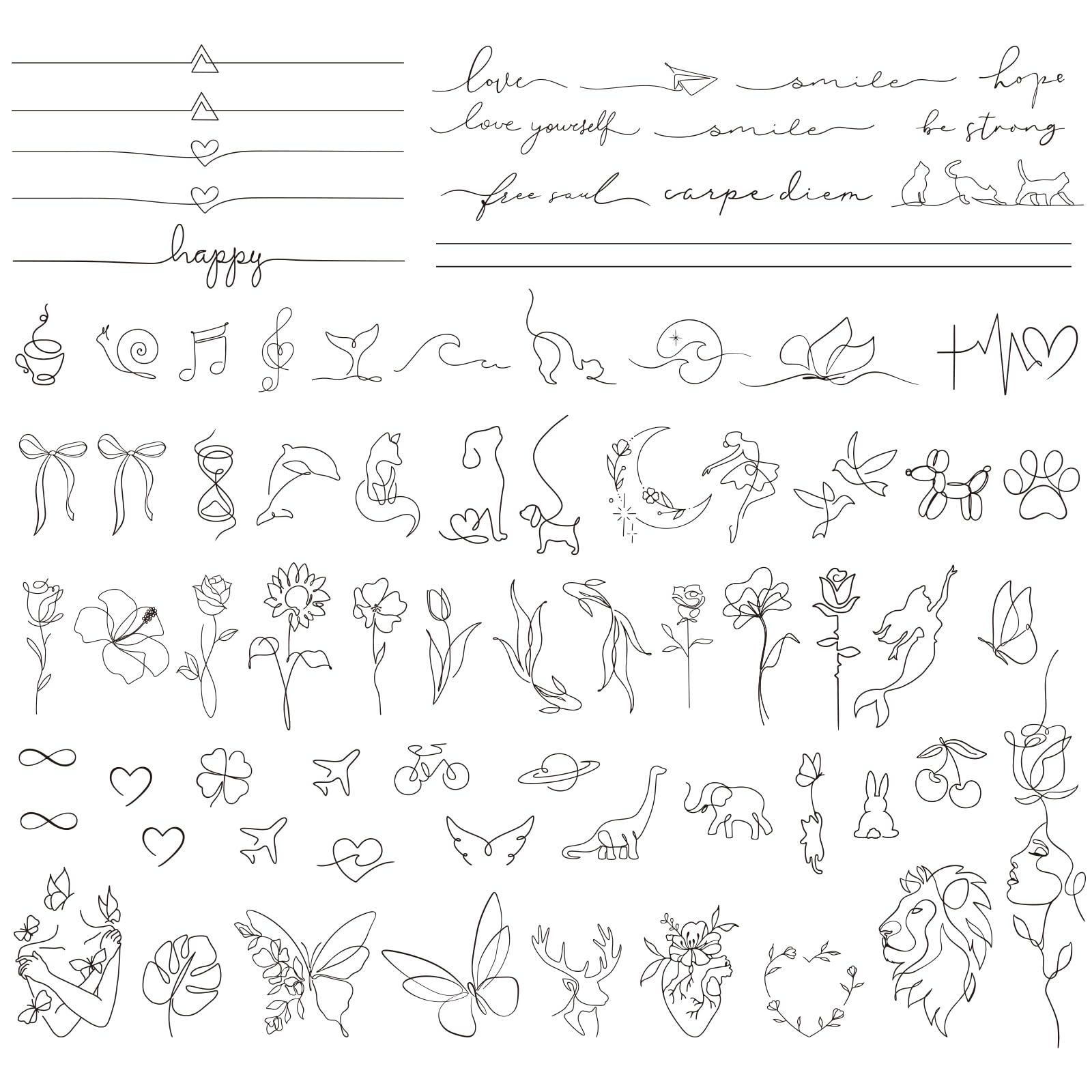 3 Bögen Temporäre Tattoos 2 Wochen Haltbar - Minimalistische Fake Tattoos mit One-Line-Art - Klebetattoos Erwachsene Langanhaltend - Fineline Tattoos zum Aufkleben für Männer & Frauen