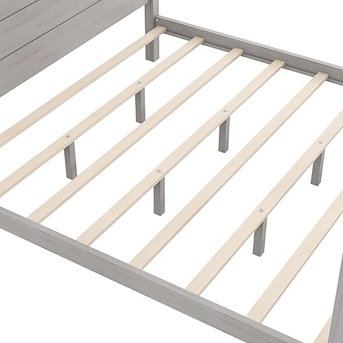 Miniatura 5 de Cama de plataforma tamaño King con cabecera y patas de soporte, marco de cama King de madera con cuatro pósteres, no requiere somier, gris lavado
