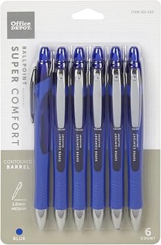 Office Depot Retractable Ballpoint Pens With Grip, Medium Point, 1.0 mm, Blue Barrel, Blue Ink, Pack Of 6