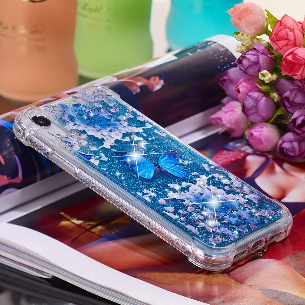 CAIYUNL Glitter Case for iPhone XR Case with Tempered Glass Screen Protector, Bling Sparkle Liquid Floating Cute Soft TPU Women Girls Protective Slim Phone Case for iPhone XR (6.1 inch)-Blue Butterfly