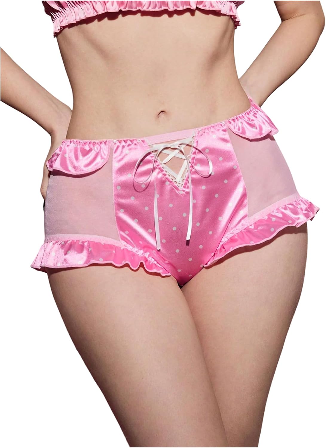 SHENHE Women's Satin Panty Ruffle Polka Dots Mesh Mid Rise Boyshorts Coquette Underwear