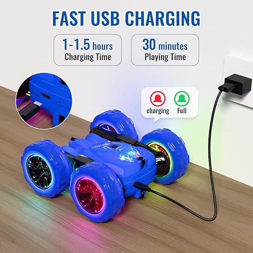 Miniatura 2 de Auto recargable a control remoto con luces coloridas, auto de acrobacias RC de doble cara para niños, carga rápida USB-C de rotación de 360,