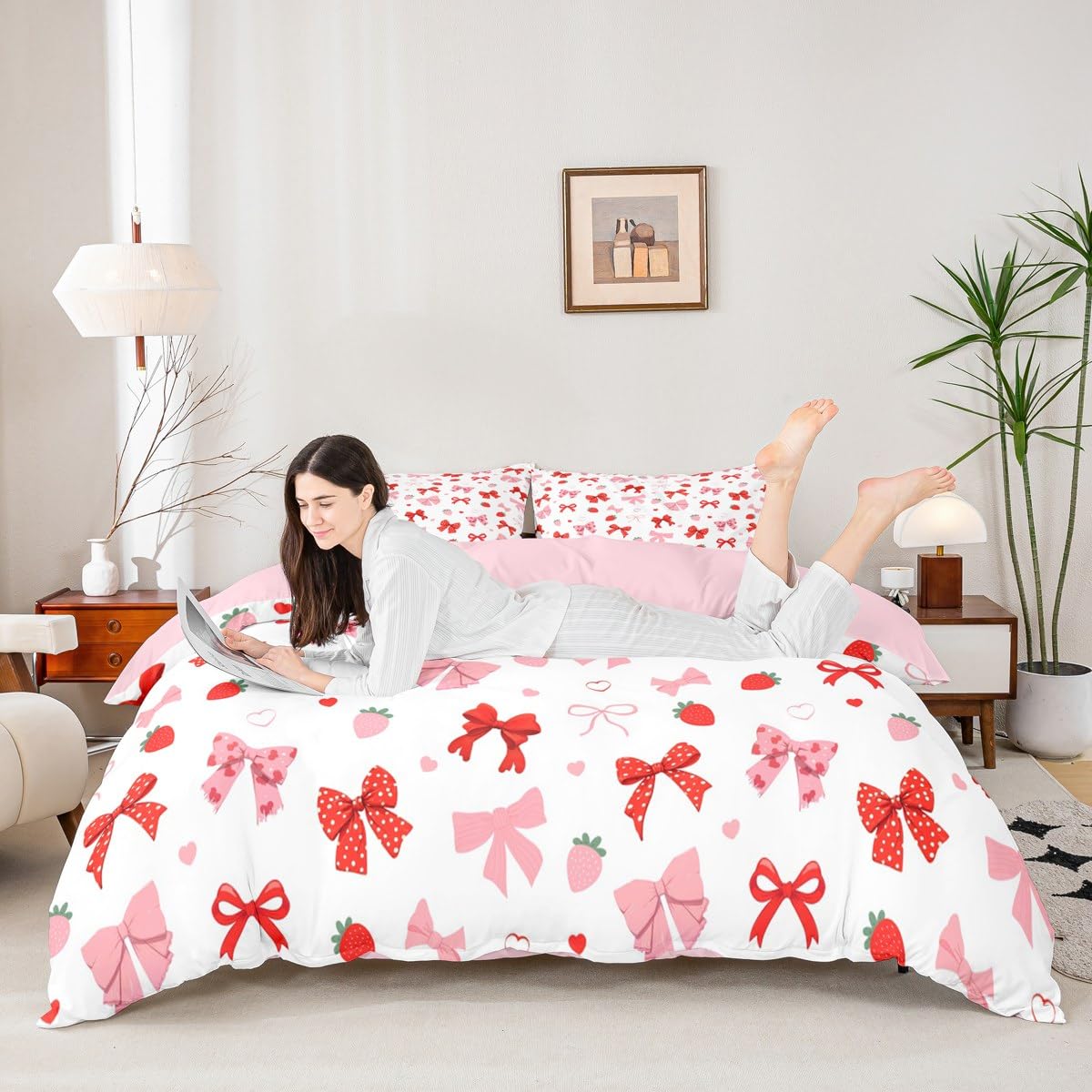 Homemissing Cute Bow Bedding Set Single Size Kids Strawberry Comforter Cover for Boys Girls Teens Red Bowknot Duvet Cover Breathable Soft Lightweight Microfiber Kawaii Room Decor - Image 2