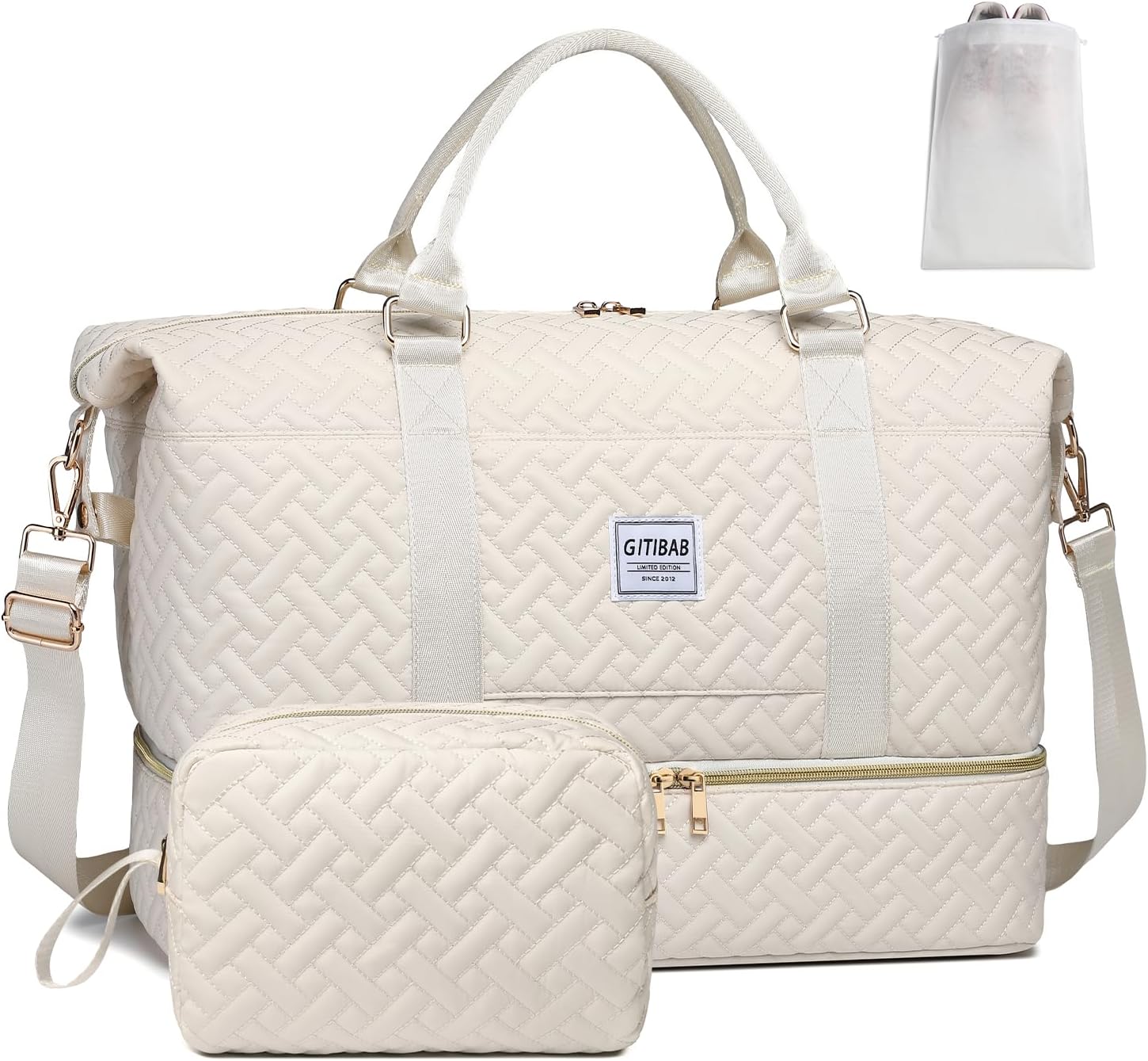 Duffle Bags for women,50L Quilted Travel Weekender Bag with Shoe Compartment, Large Carry On Overnight Tote Gym Bag