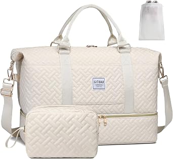 Duffle Bags for women,50L Quilted Travel Weekender Bag with Shoe Compartment, Large Carry On Overnight Tote Gym Bag