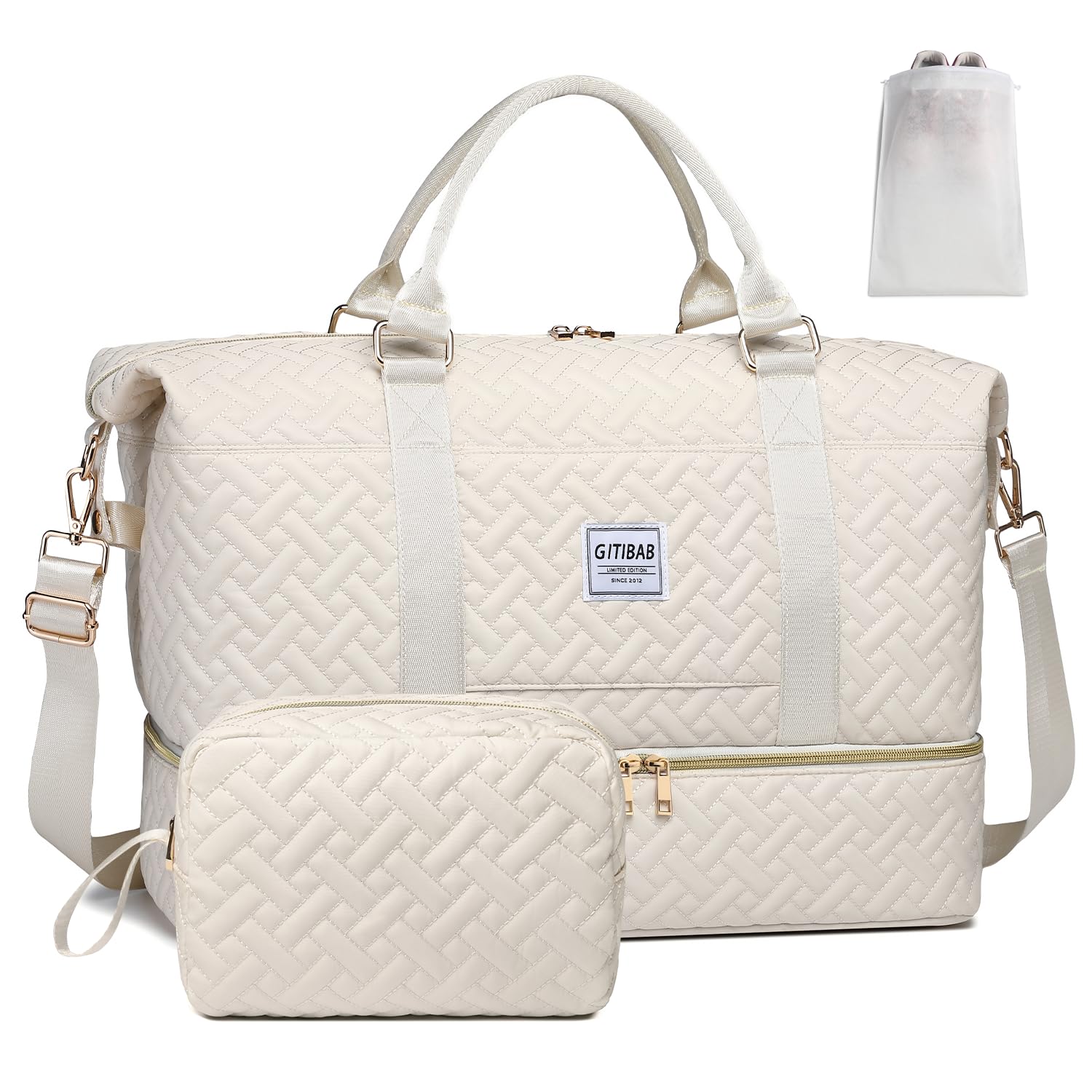 Duffle Bags for women,50L Quilted Travel Weekender Bag with Shoe Compartment, Large Carry On Overnight Tote Gym Bag