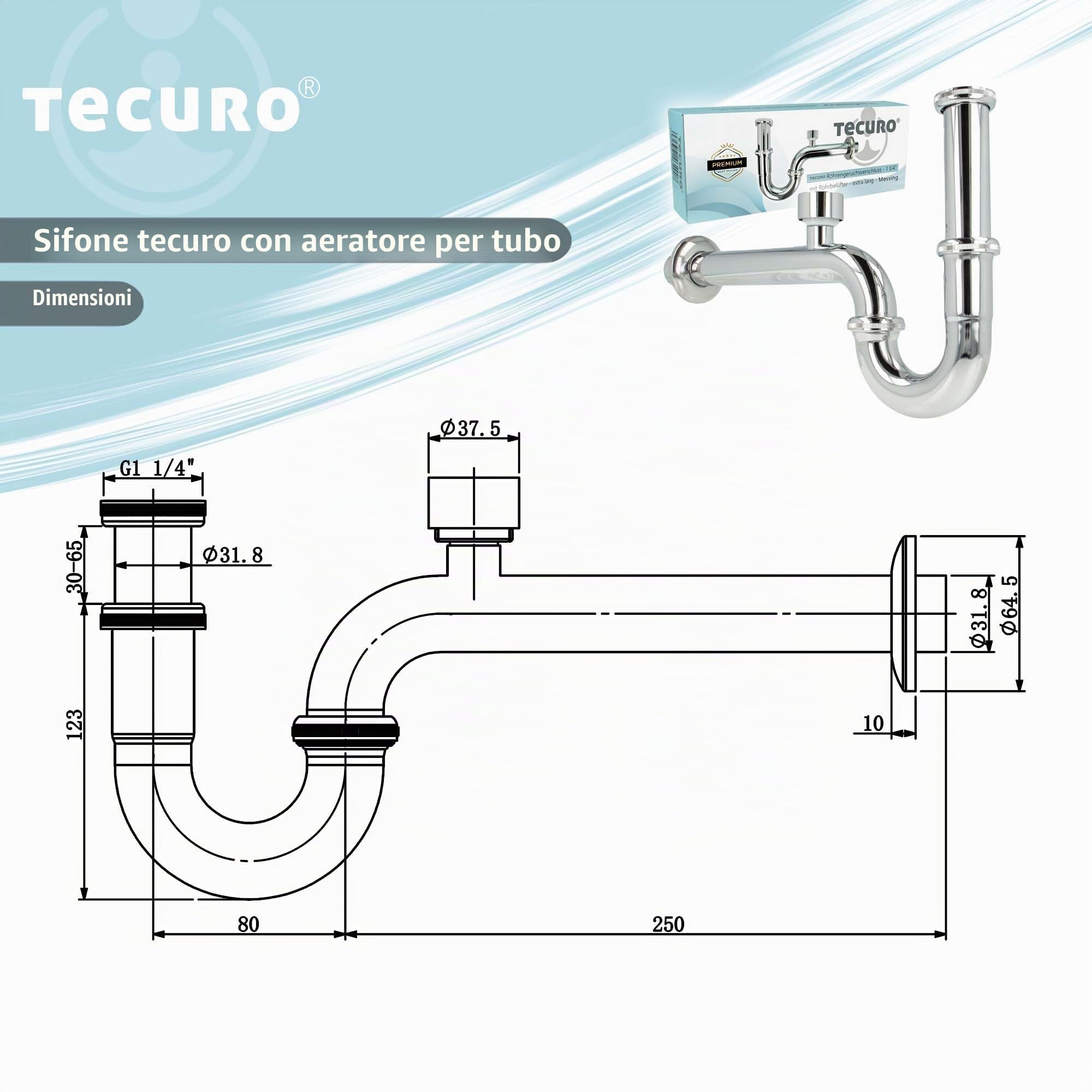 tecuro Chiusura antiodore per sifone lavabo con aeratore tubolare, extra lunga - ottone cromato