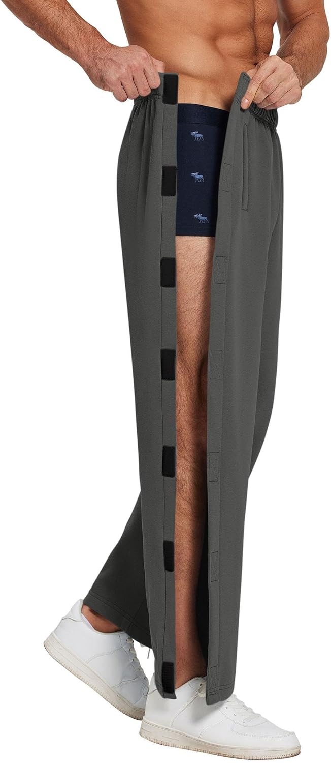 Deyeek Mens Fleece Tear Away Pants Loose Fit Post Knee Replacement Surgery Pants Breakaway Sweatpants Side Snap with Pockets - Image 4