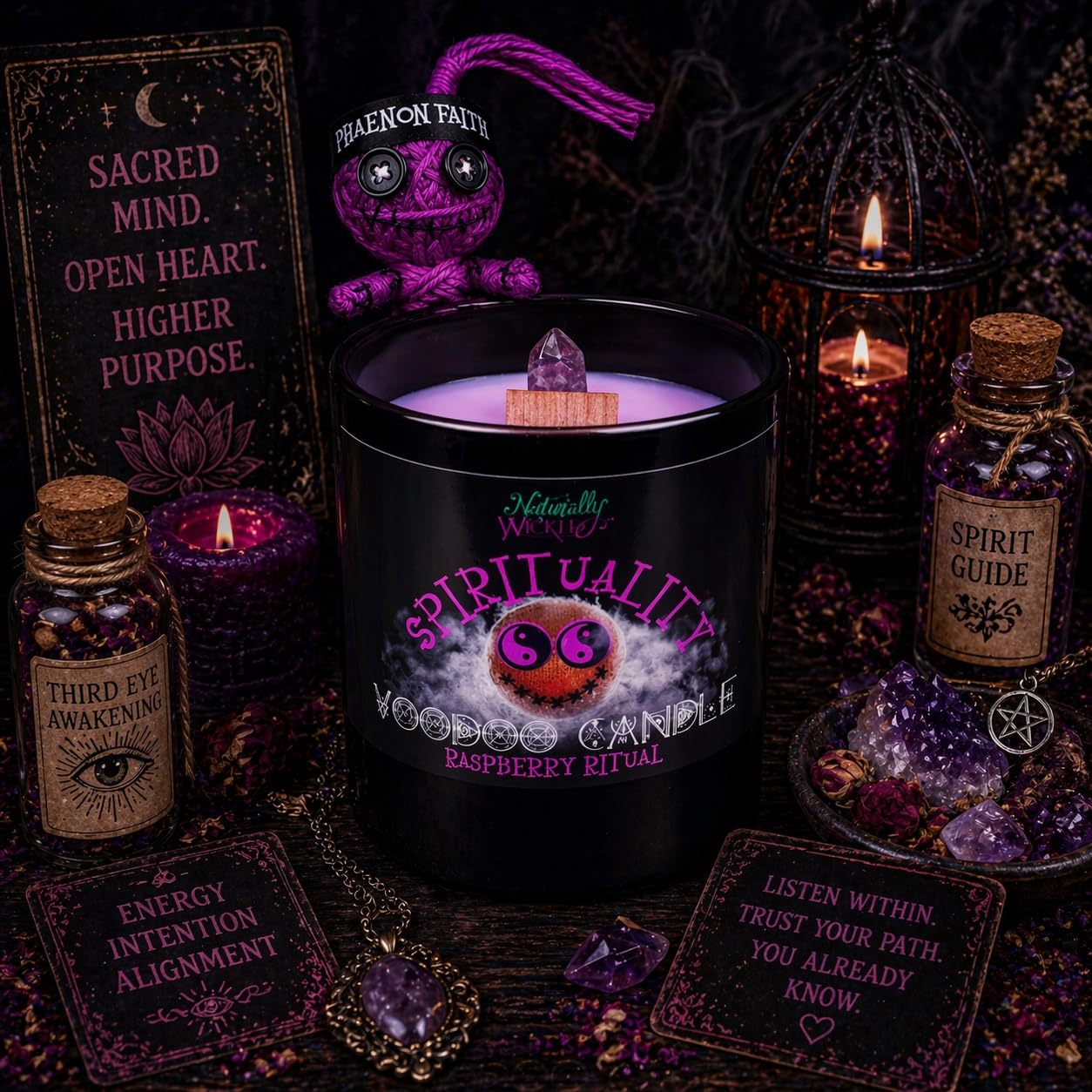 Naturally Wicked® Bougie spirituelle Voodoo | Comprend une poupée vaudou et une baguette en cristal | Cire de soja naturelle, végan et sans cruauté envers les animaux
