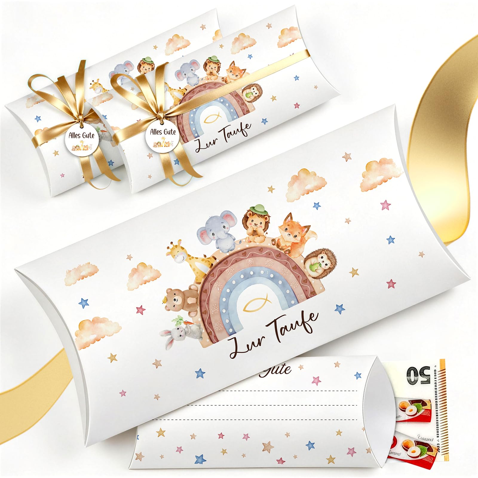 WenmthG Taufe Geldgeschenk Box 8er Set – TaufeGeschenkverpackung für Geld & Gutschein, mit Regenbogen- & Tiermotiv, Band und Anhänger, „Zur Taufe“