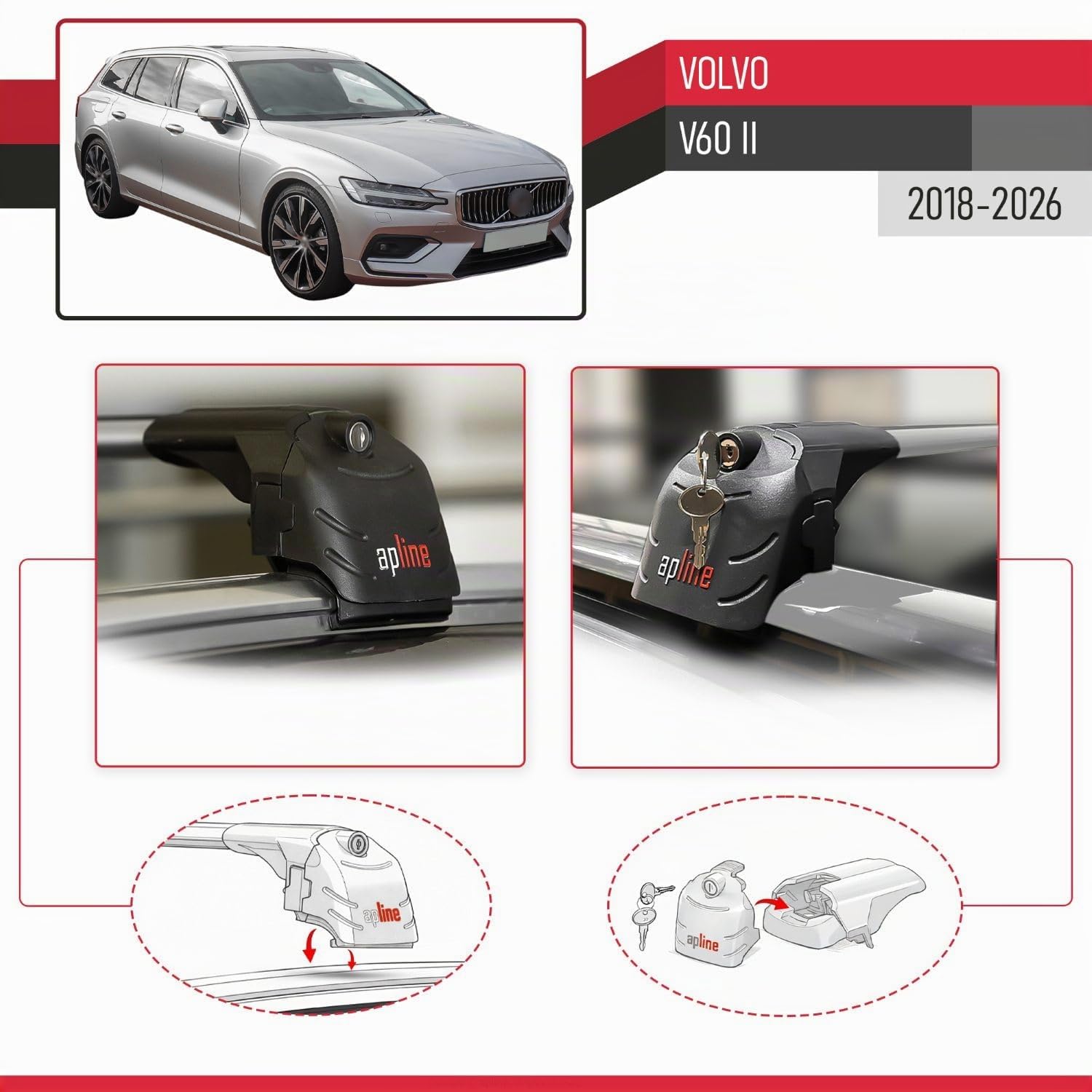 Kompatibel mit Volvo V60 2019-2024 Relingträger ACE-2 Dachträger Gepackträger GRAU