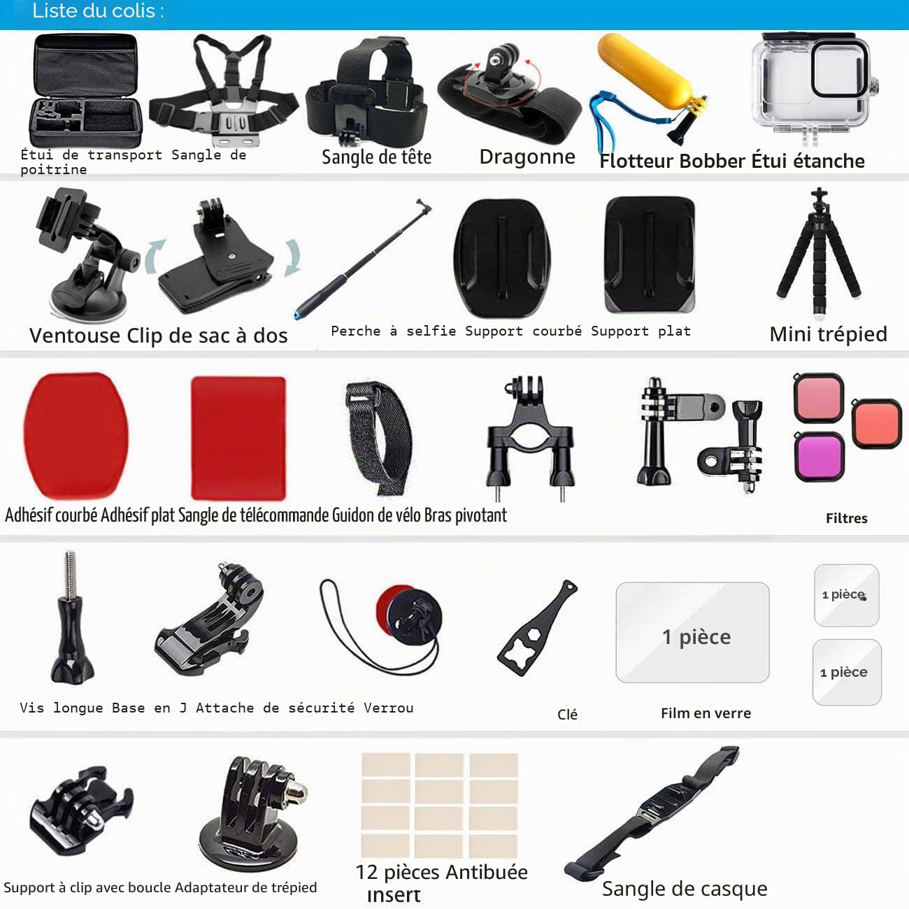 Kit d'accessoires pour DJI osmo Action 5 Pro Action 4/3 noir, étui étanche, boîtier étanche, accessoires de plongée avec tuba, support de vélo, perche à selfie, sangle de tête pour Action 5Pro