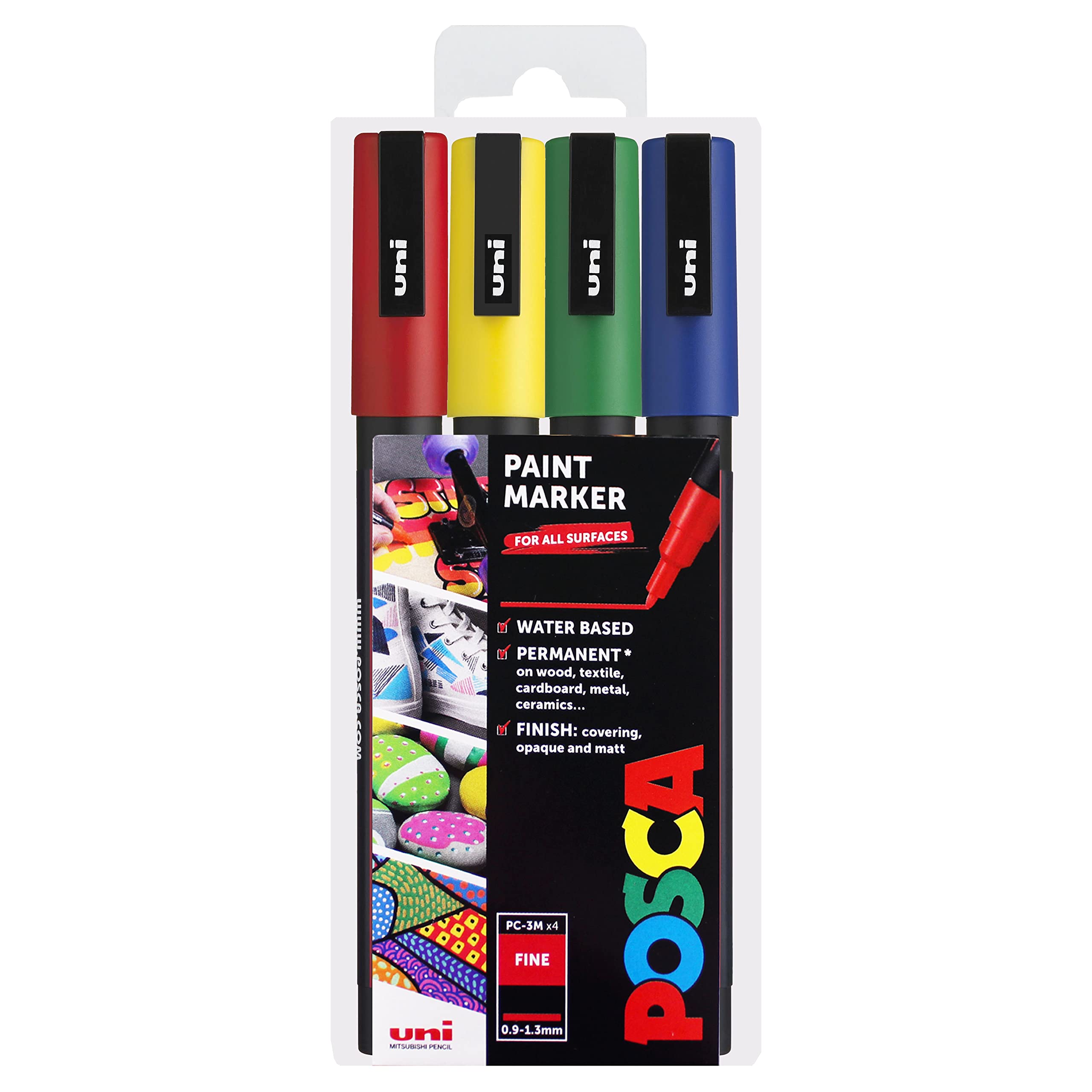 Posca PC-3M - Rotuladores artísticos de 0,9 a 1,3 mm, tonos primarios, juego de 4 bolígrafos en cartera de plástico