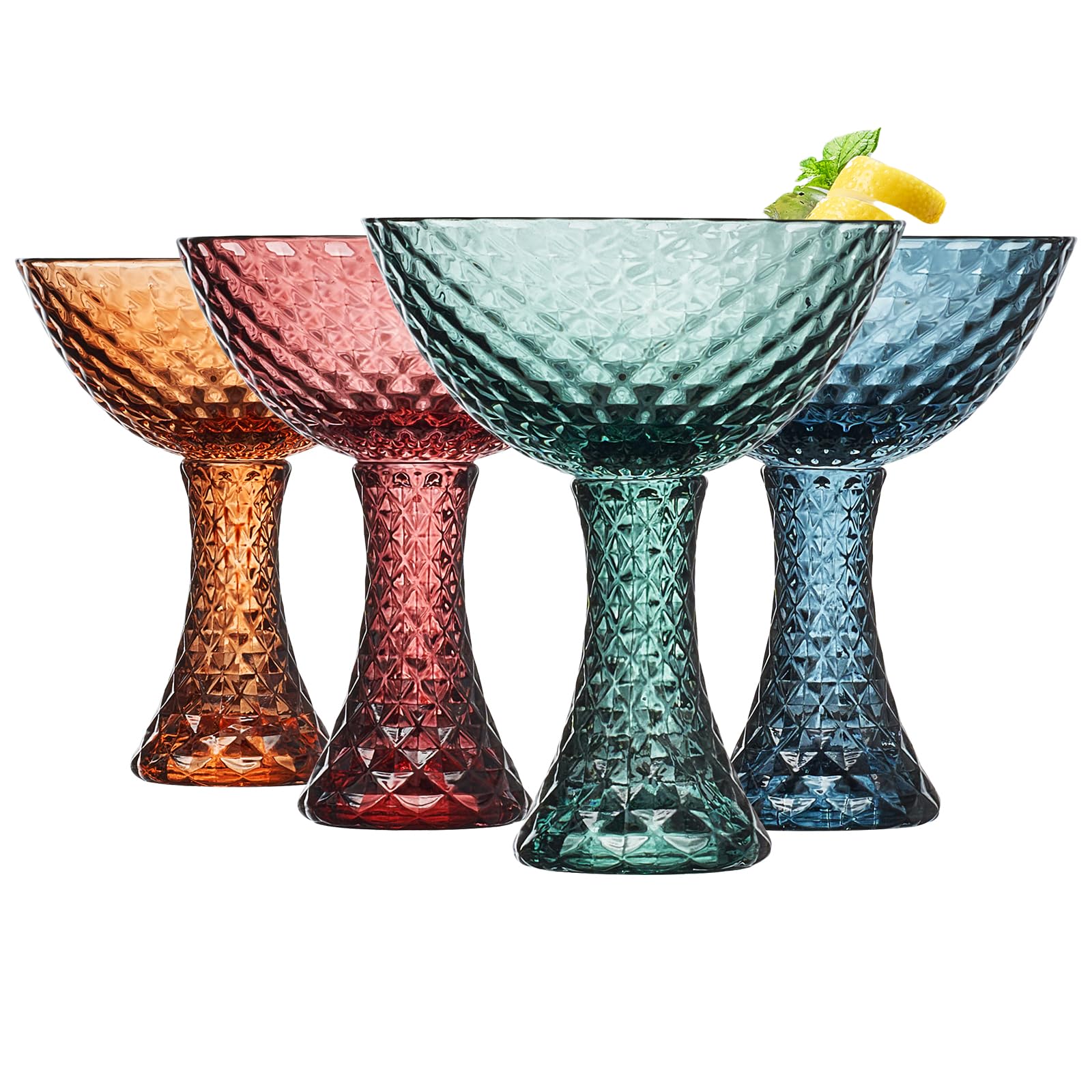 Khen Farbige Glasgläser, 4er-Set, große Art-Deco-Glaswaren, gedeckte Vintage-Gläser für Wein, Champagner, Cocktail, Margarita, Weinglas, Geschenkidee, gedeckte Pastellfarben, Kelche – strukturiertes