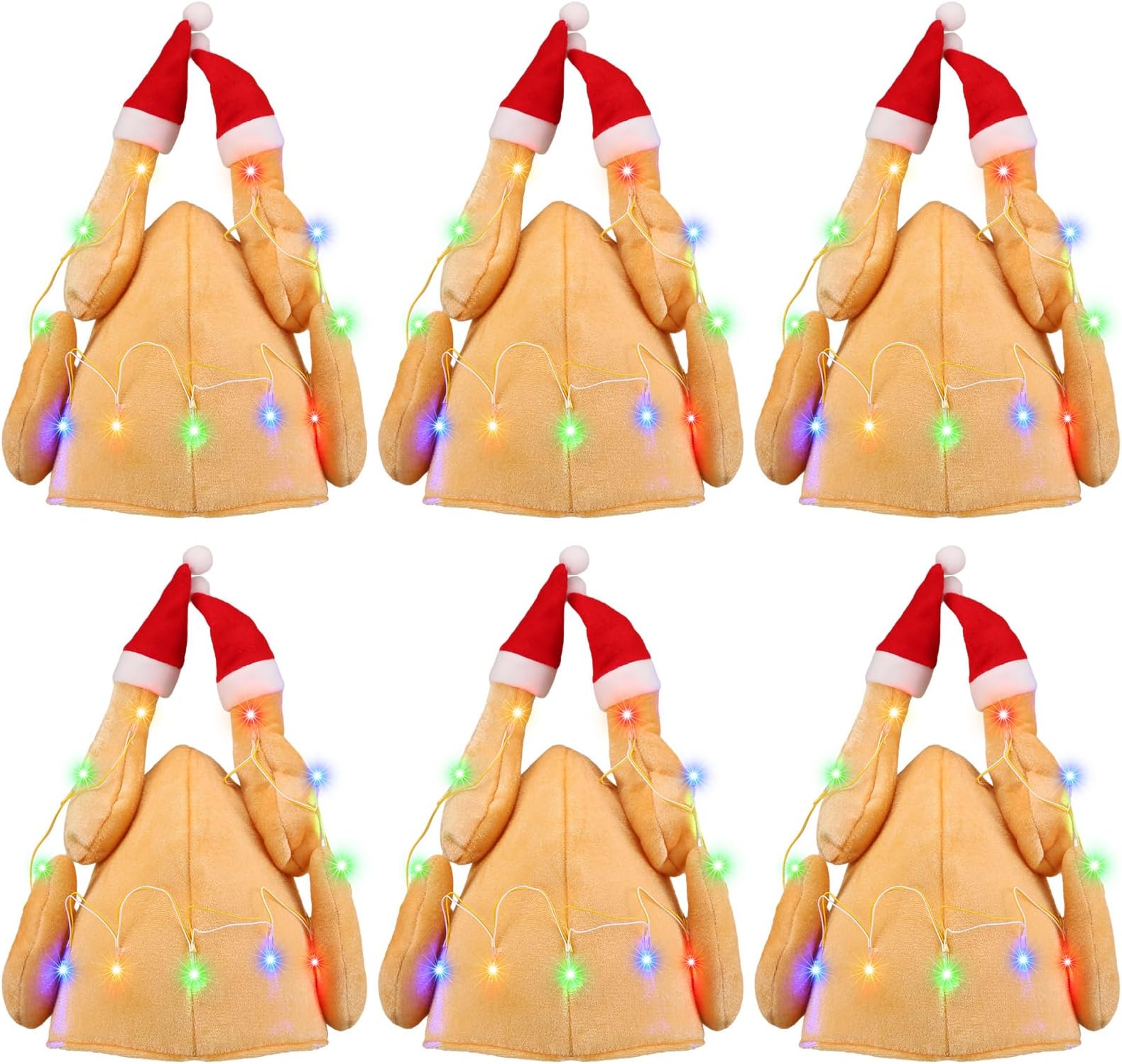 6 Pack Light Up Christmas Turkey Hat Funny Roast Turkey Drumstick Hat with LED Lights Santa Costume for Holiday Parties Thanksgiving Christmas Party Favors White Elephant Gifts
