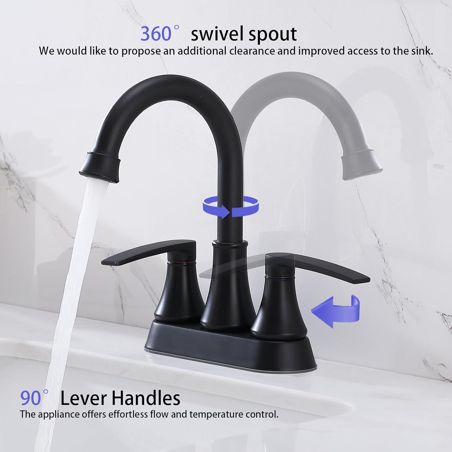 Lead-Free Matte Black Bathroom Sink Faucet, 2 Handle 4 Inch Centerset Faucet, Modern 360° Swivel High-Arc Spout Bath Lavatory Vanity Faucets for Sinks with Drain & Water Hoses, VALZST049B