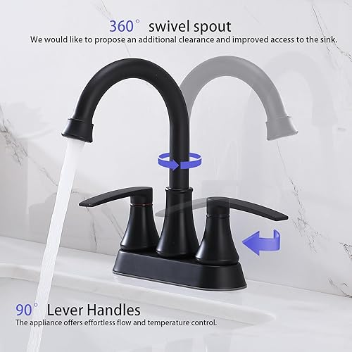 Miniatura 4 de VALZST049B - Grifo de lavabo de baño negro mate sin plomo, grifo central de 2 manijas de 4 pulgadas, moderno grifo giratorio de arco alto de 360