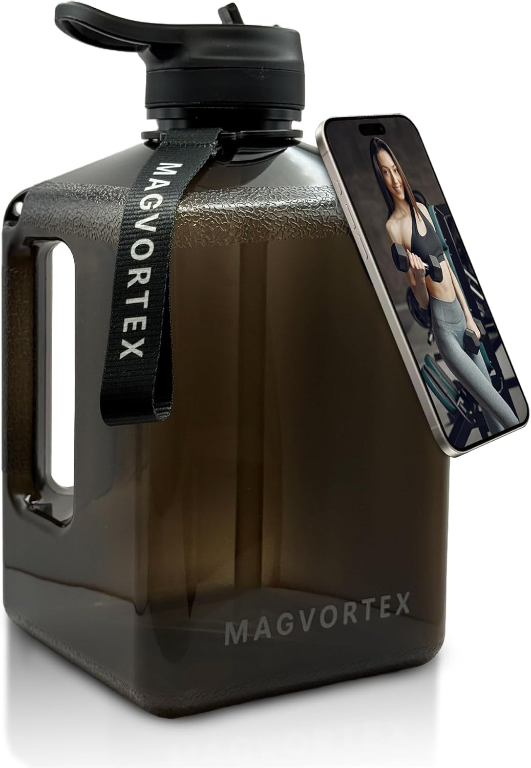 91oz Gym Daily Water Bottle – Large BPA-Free PETG Jug with Magnetic Phone Mount (Plate Included), Leakproof Flip-Top Lid, Wide Mouth for Ice, Straw, Carry Strap, Stable Base, Time Marker