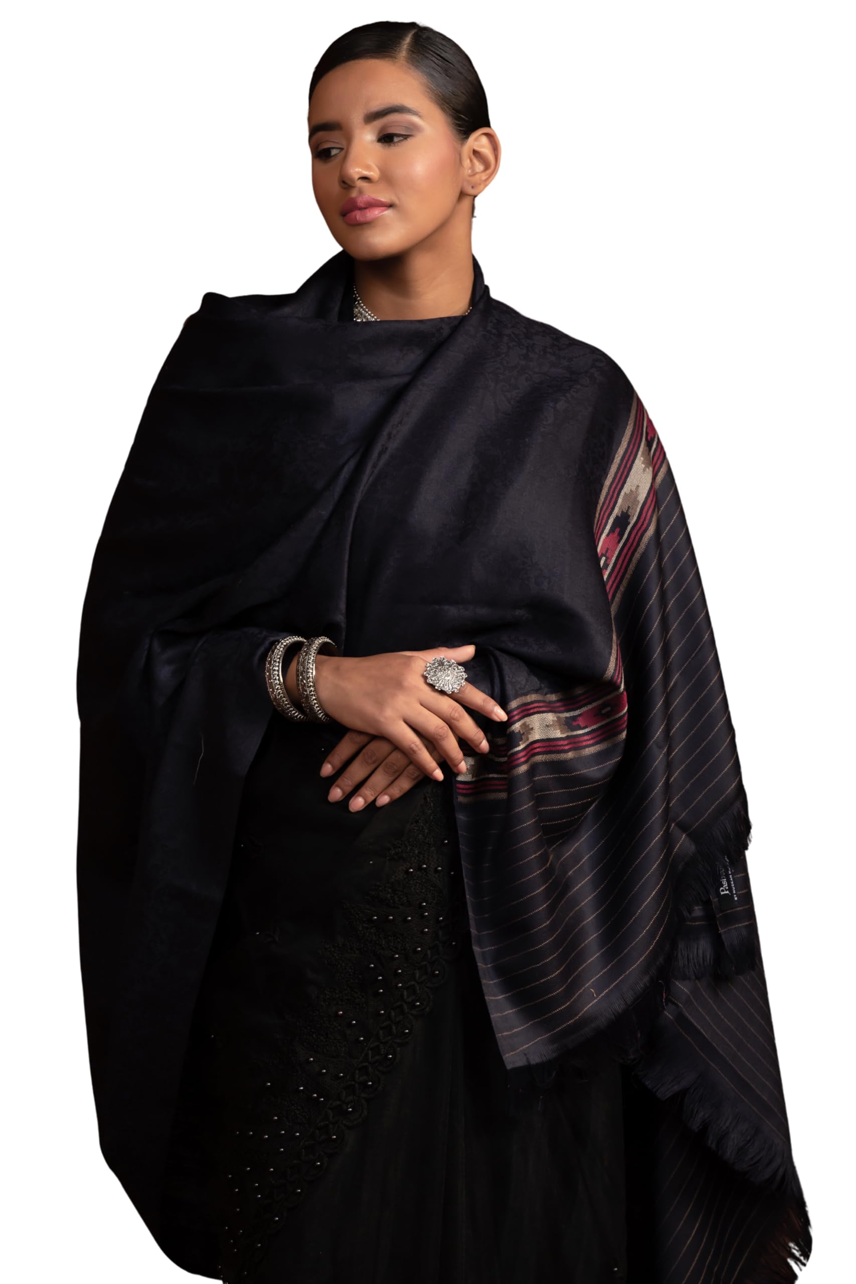 Womens Fine Wool Shawl, Aztec Palla, Navy Blue-image-9
