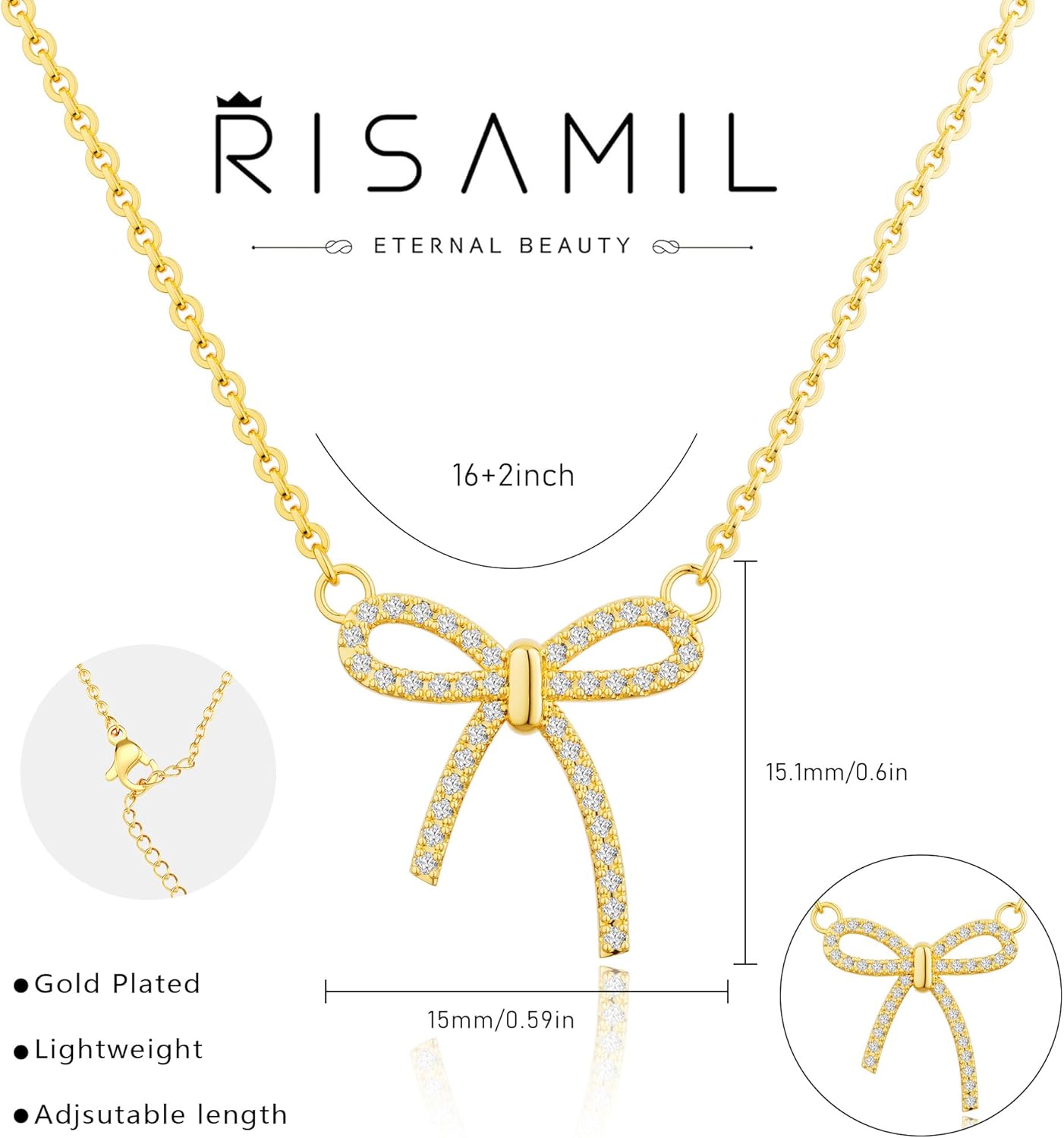 Risamil 14K Gold Plated Necklace for Women - Bow Necklace - Dainty Necklace Cute Small Tiny Bow Pendant Choker Chain Necklace Trendy Necklaces for Women Jewelry Gift - Image 6