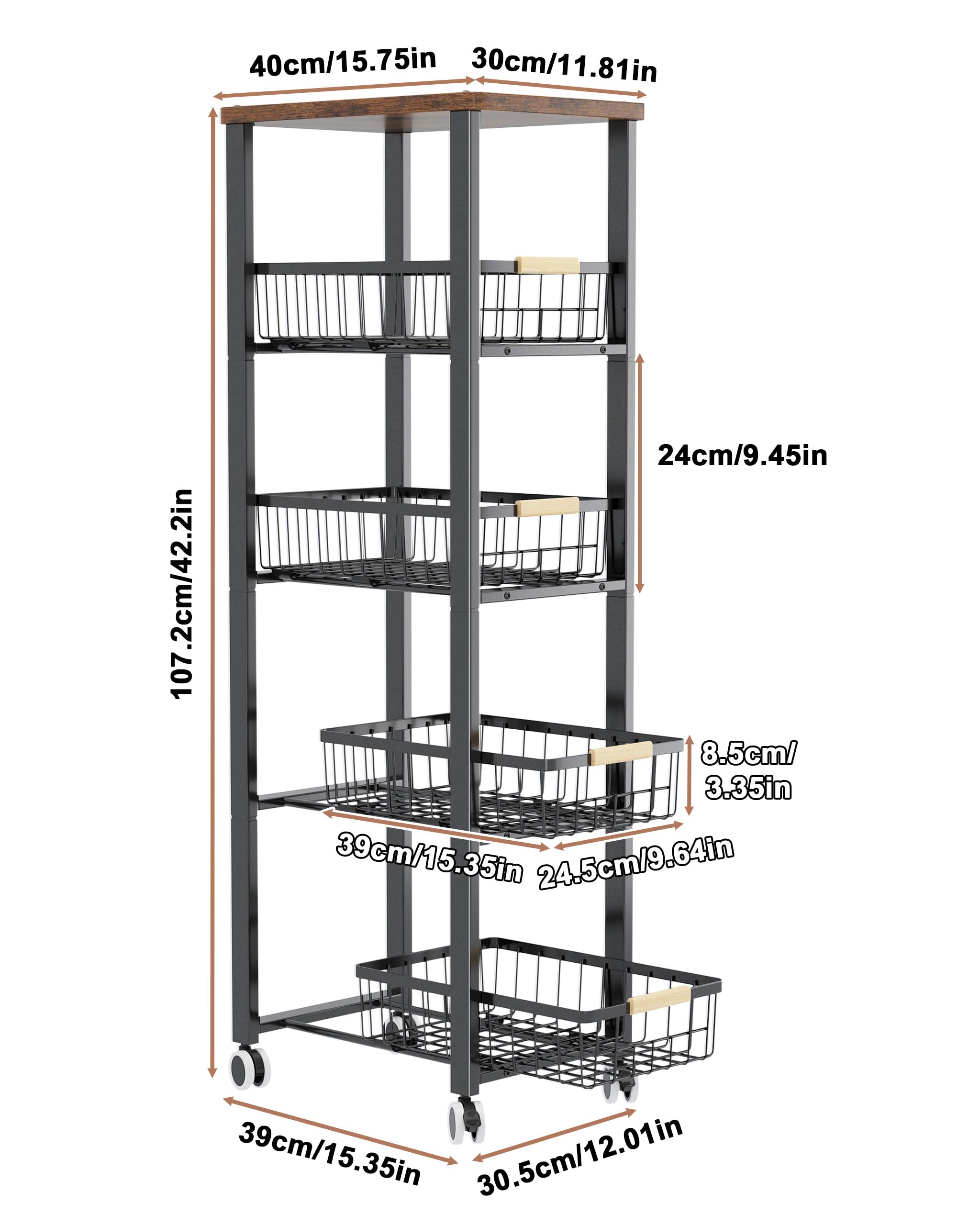 Verdulero Cocina con Ruedas,Carrito de Cocina con Ruedas 5 Niveles,Verdulero Cocina de Placa Superior, Negro