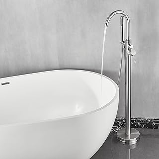 FRANSITON Freestanding Bathtub Faucet Brushed Nickel Floor Mounted Brass Bathroom Freestanding Tub Filler with Hand Shower High Flow Shower Faucets