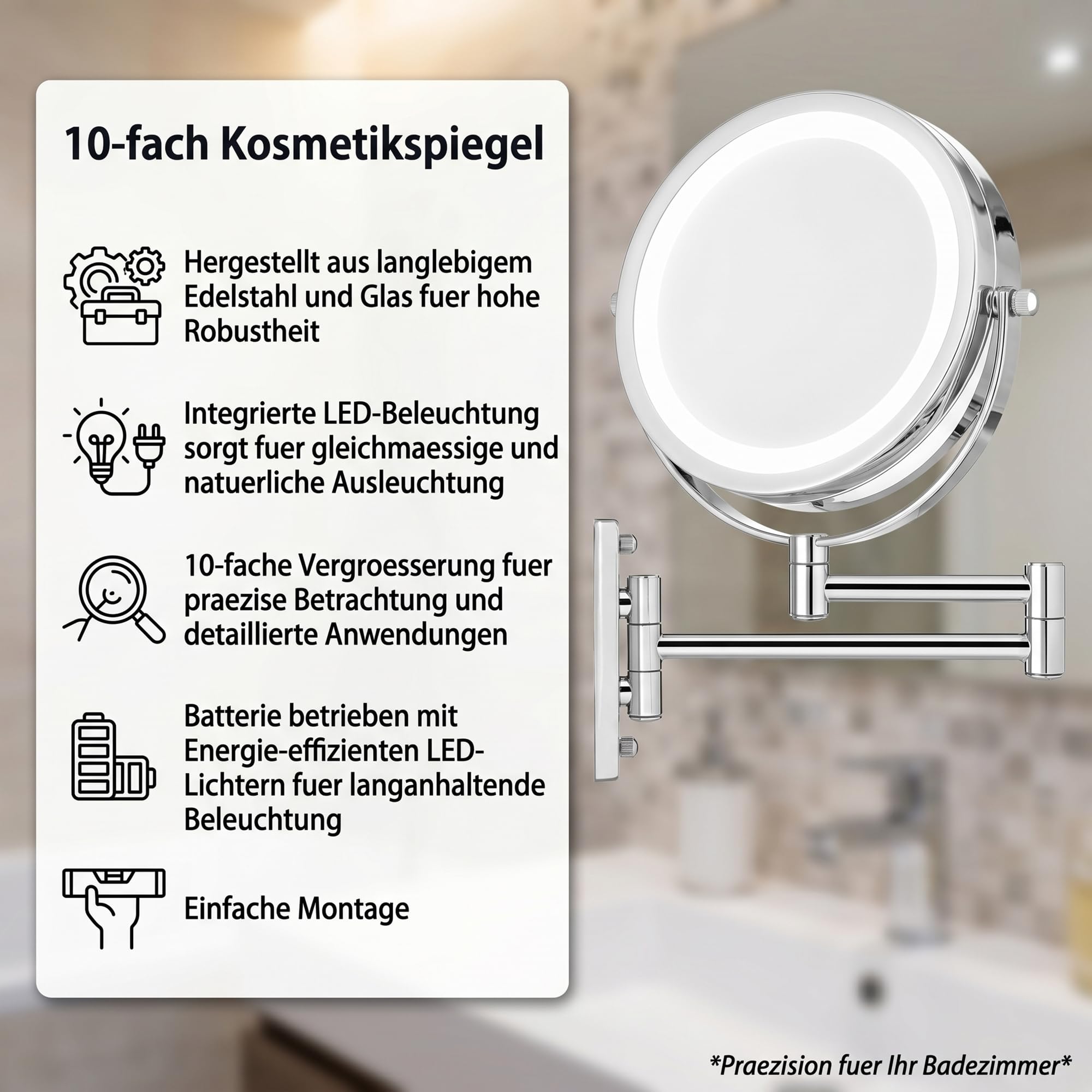 Mucola Kosmetikspiegel Schminkspiegel LED 10-Fach Vergrößerung Wandmontage | Doppelt schwenkbarer Arm zum Heranziehen, blendfreier Lichtring, für Rasur und präzises Styling, Chromoptik rostresistent