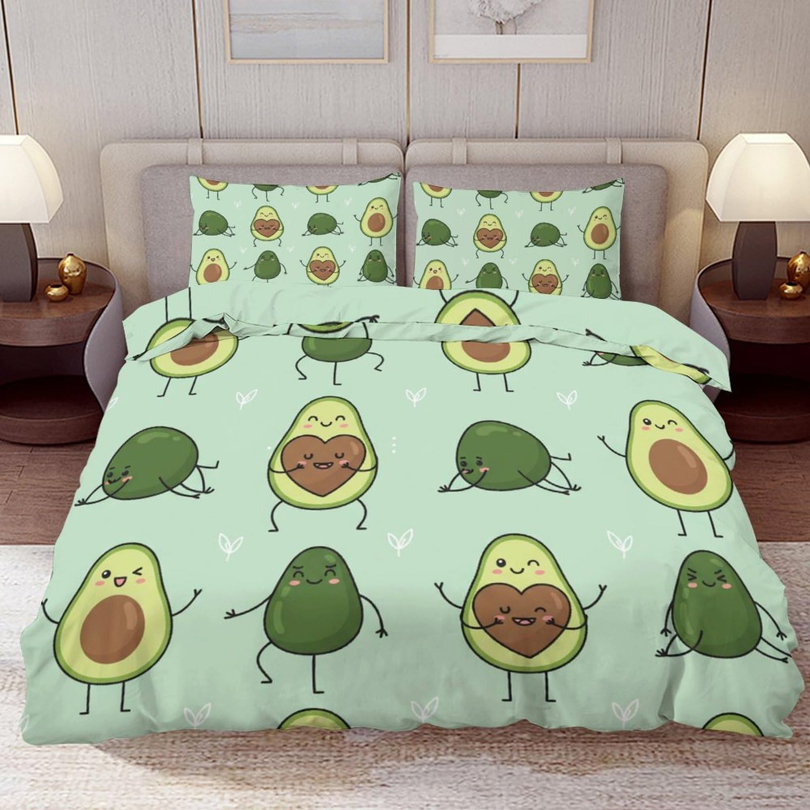 Delerain Comforter Cover Set King Size, Kawaii Cartoon Avocado 3-Piece Bedding Set for Women Men Modern Soft Microfiber Bedroom Set Room Decor, 1 Duvet Cover + 2 Pillowcases