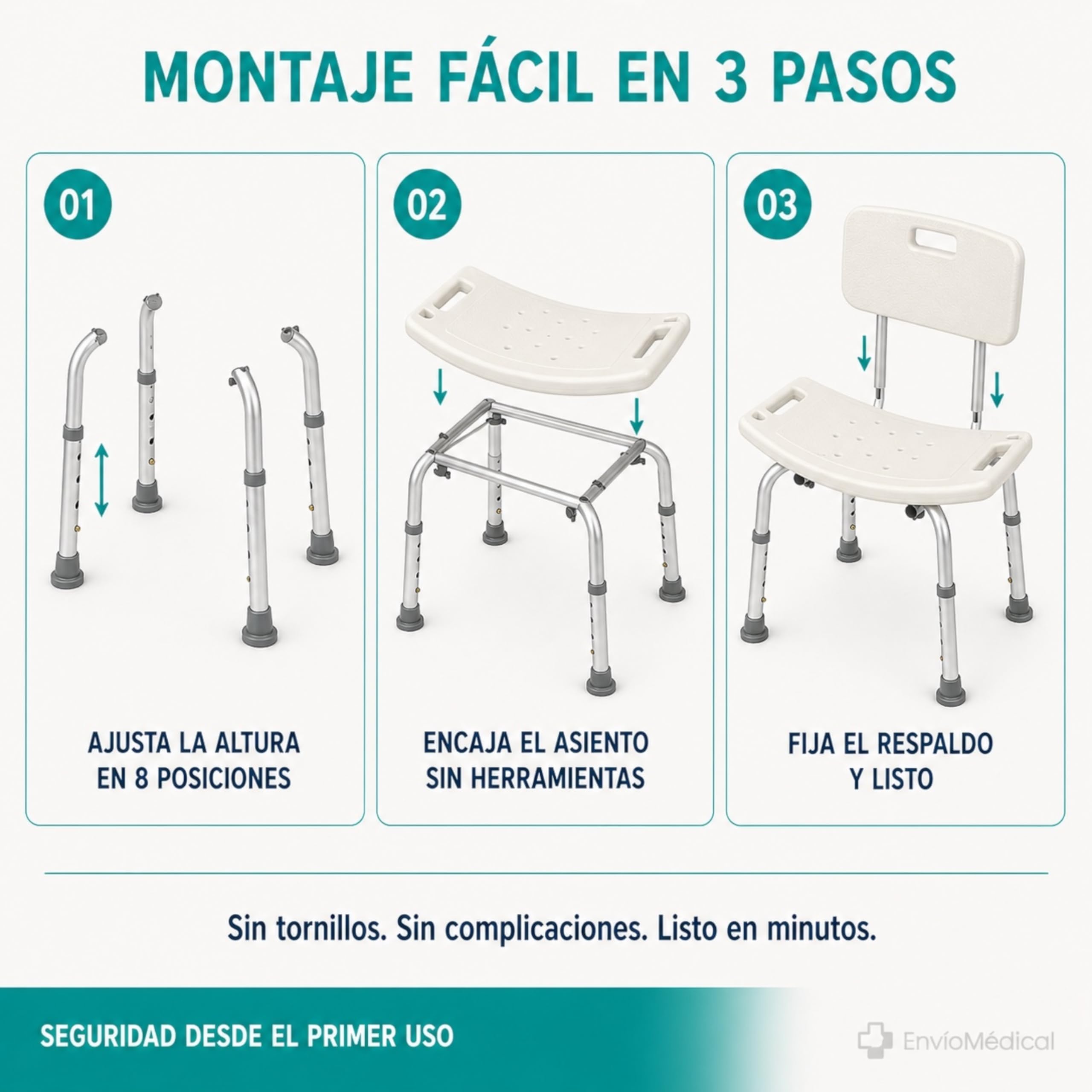 Silla de Ducha para Personas Mayores con Respaldo. Altura Regulable. Asiento de Baño Antideslizante de Aluminio. Soporta hasta 110kg. Silla de Ducha para Movilidad Reducida, Discapacitados y Ancianos