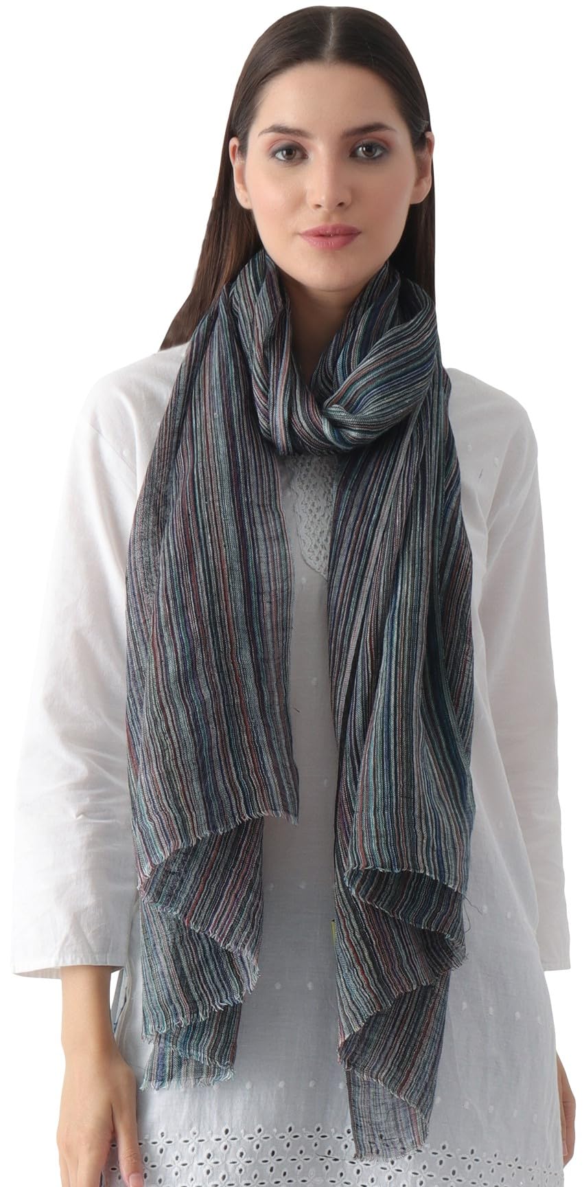 100% Pure Linen Multicolor Ikat Weave Large AIRY Light Pashmina Stole Scarf WRAP FINE 70 Count Linen (Black)
