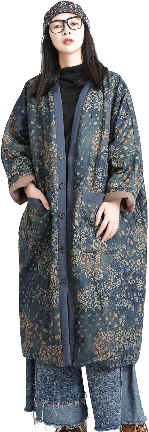 LUZU JUNU Women's Printed Quilted Coats Casual Vintage Cardigan Bohemia Long Jacket Fall Winter Button Outwear