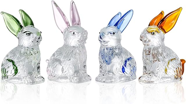 Movdyka Set of 4 Little Glass Rabbits Figurines Cute Crystal Bunny Collectibles Statues Animal Decor Ornament Table Centerpiece