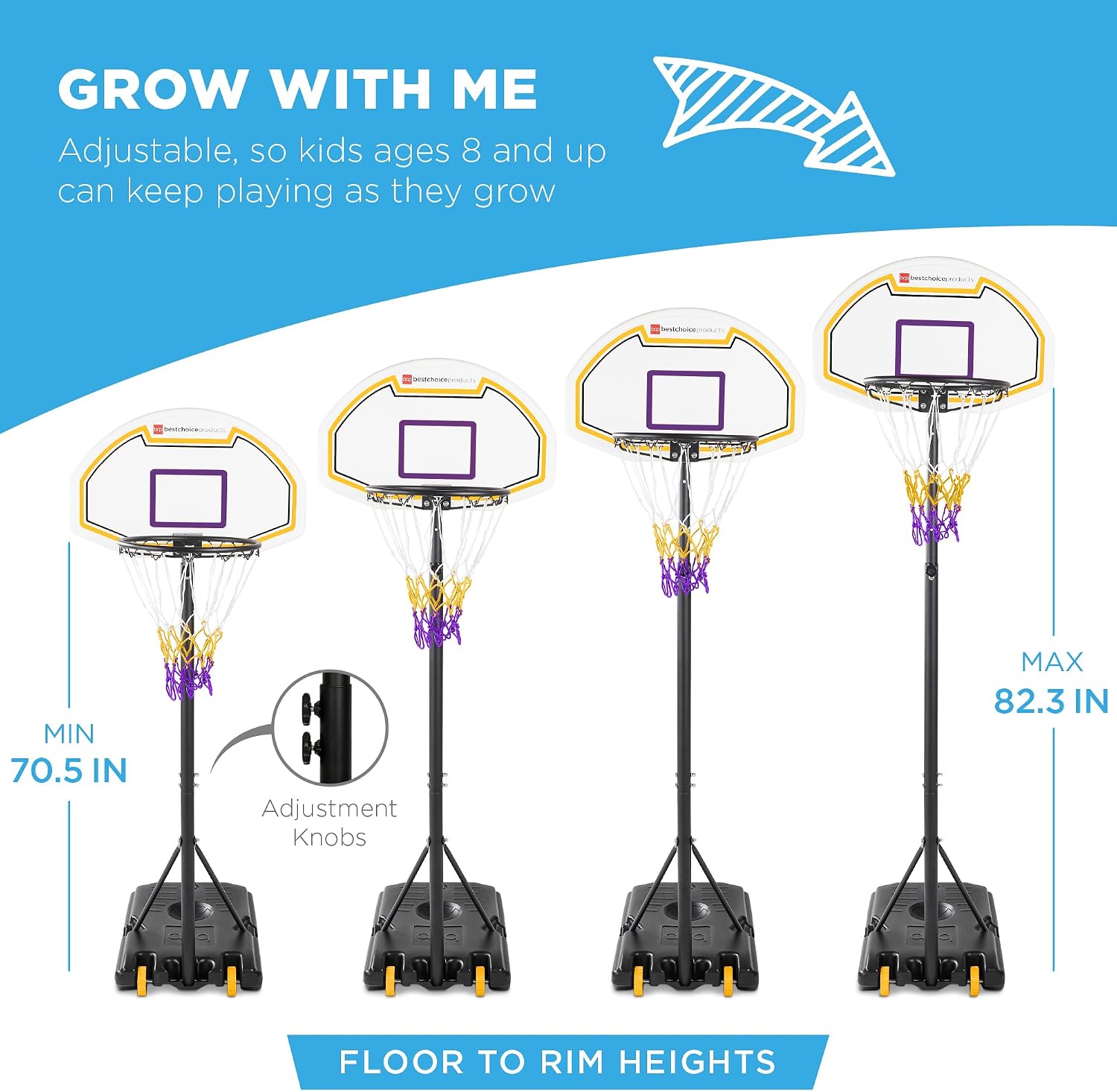 Best Choice Products Kids Height-Adjustable Basketball Hoop, Portable Backboard Set w/ 2 Wheels, Fillable Base, 70.5in to 82.3in Tall