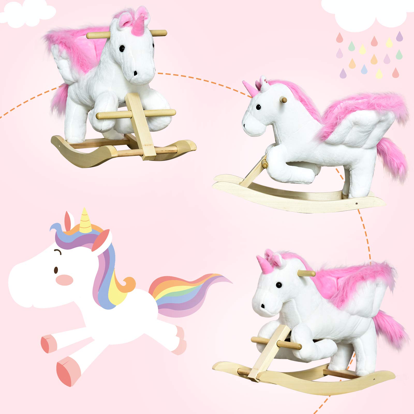 HOMCOM Cavallo a Dondolo a Forma di Unicorno con Musica, Struttura in Metallo e Legno, Rivestimento Peluche, 69x32x57cm, Bianco Rosa
