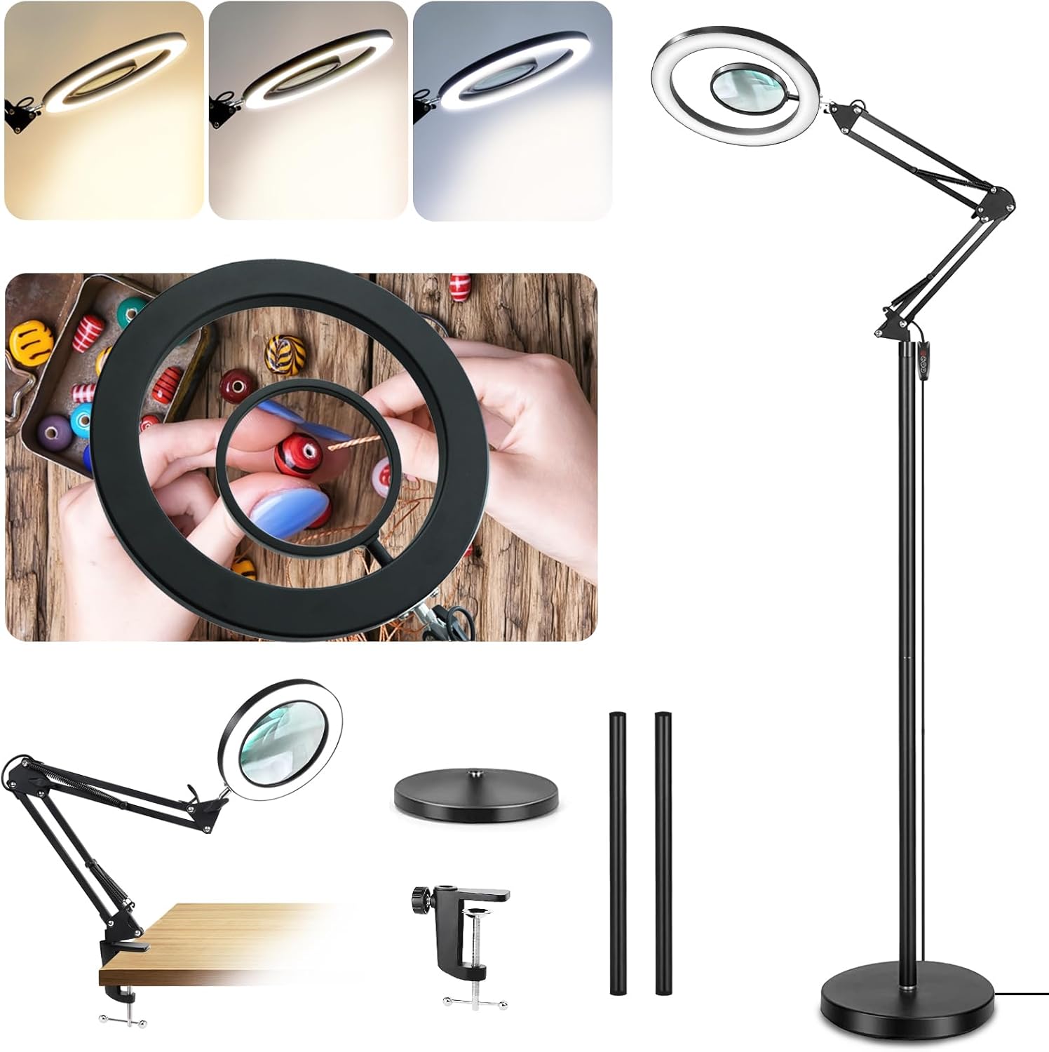 3in1 Magnifying Floor Lamp Adjustable LED Bright Light