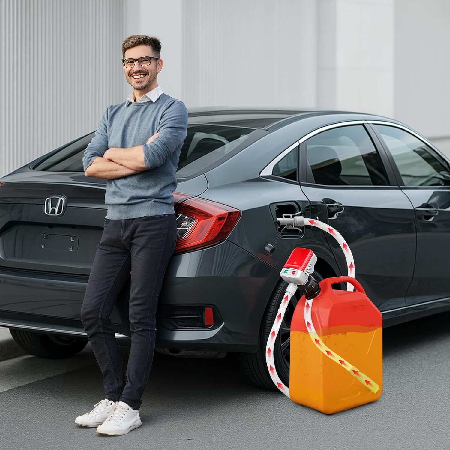 Portable Fuel Pump, FuelPump with Auto-Stop Sensor and 3 Tank Adapters, 2.4 Gallons/Minute, Extra-Long Hose, Automatic Fuel Transfer Pump Battery Powered for Oil, Gasoline and Diesel Liquids