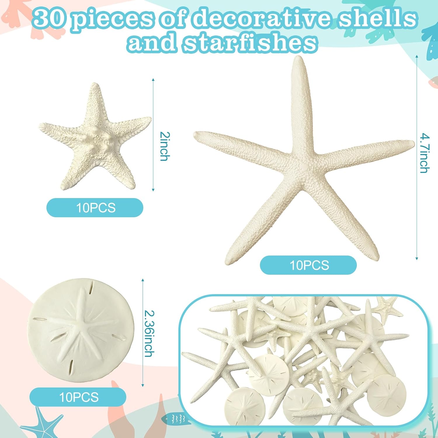 Queekay 30 Pcs Resin Starfish Sand Dollars for Crafts 2-4.7 Inch Fake Seashells Bulk Large White Sand Dollar Ornament for Beach Mermaid Birthday Wedding Christmas Party Decor DIY Craft Supplies