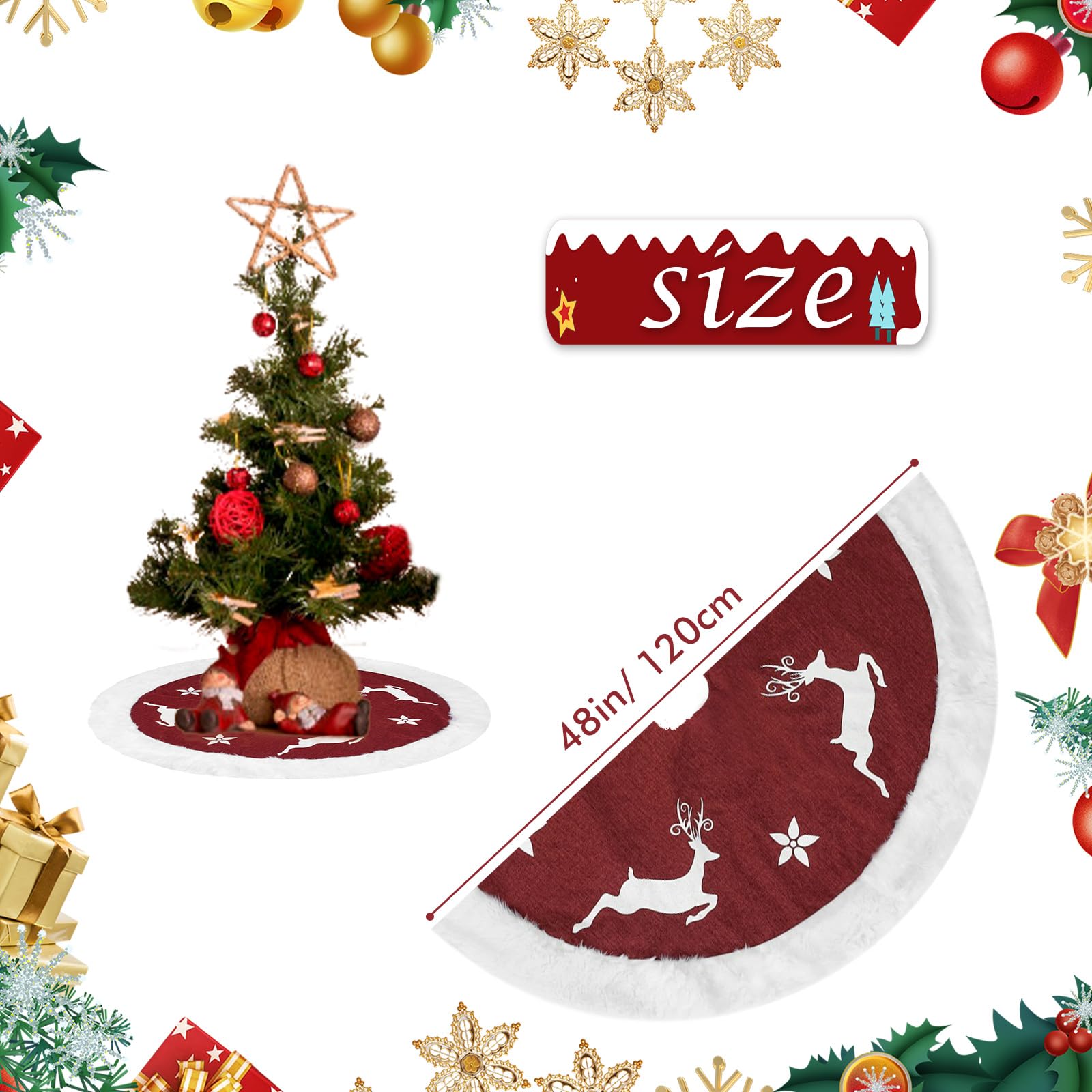 IHCEMIH Christmas Tree Skirt Large Red Xmas Tree Skirts Luxury Faux Fur Plush Linen Trees Base Cover Mat Xmas Tree Bottom Rug Covers Holiday Party Home Festival Decorations 48 Inches Running Reindeer - Image 3