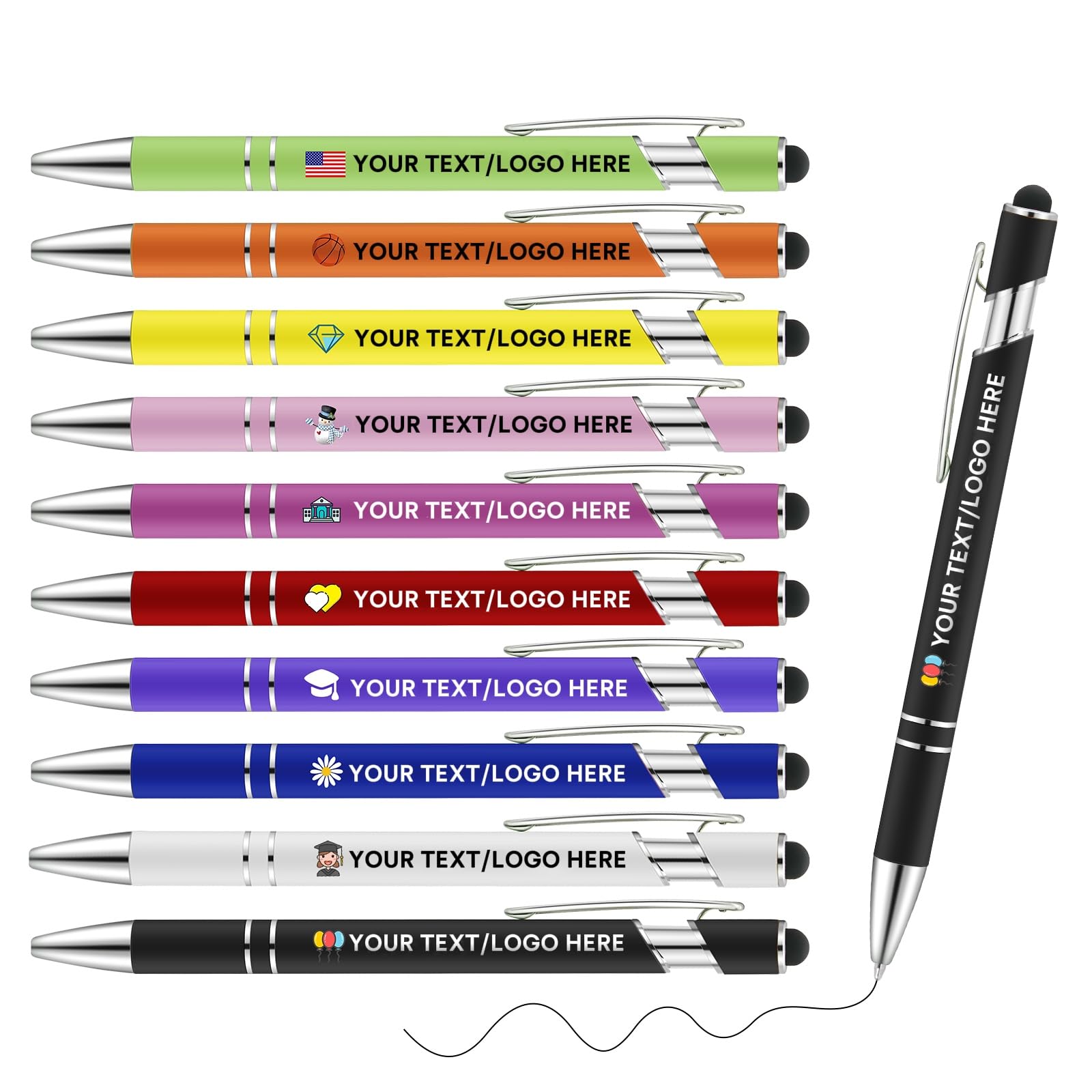 Personalized Pens with Logo Text Name Custom Pens in Bulk Black Ink Customized Ballpoint Pens with Stylus for Business, Offices, Events, College,