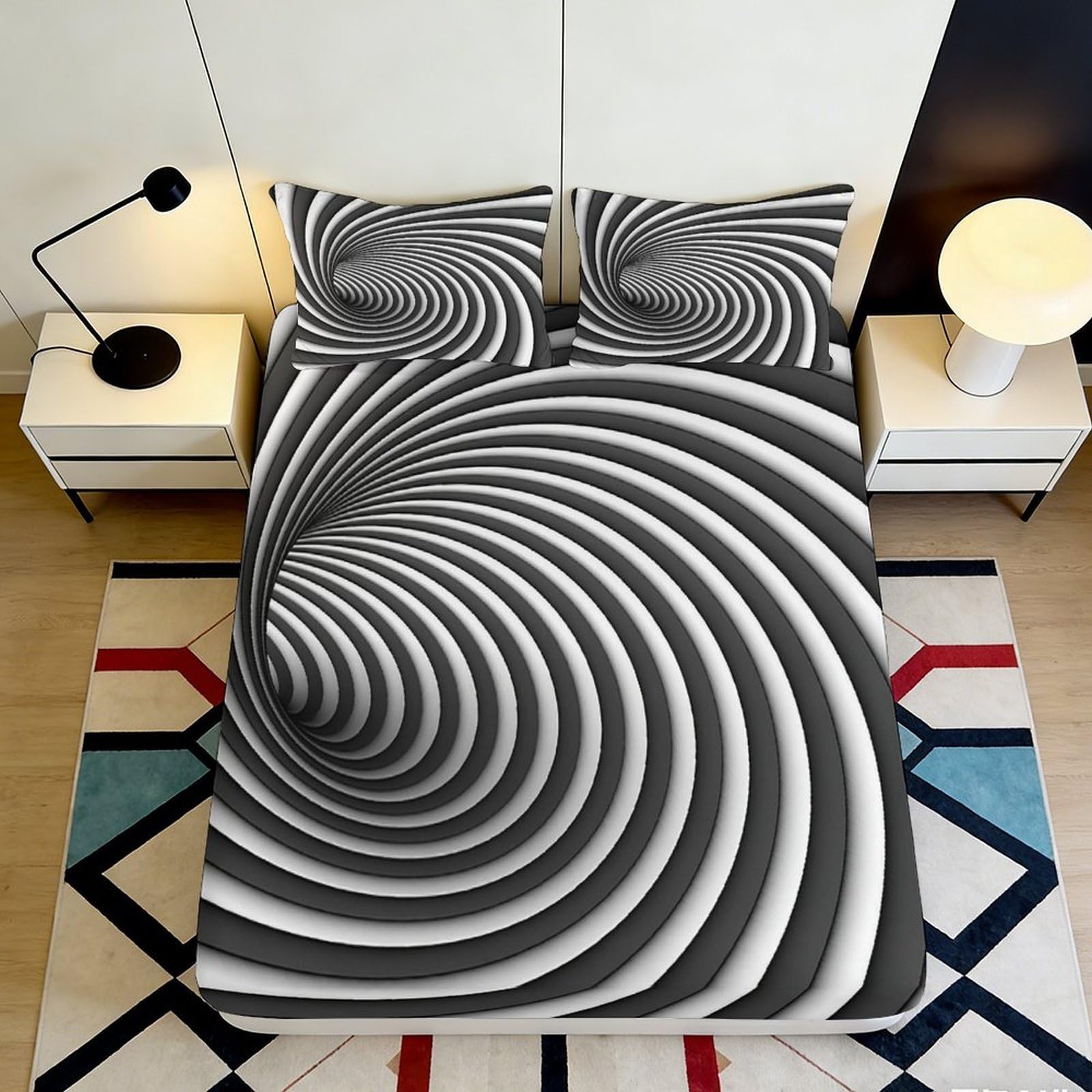 3D Printed Optical Illusion Spiral Fitted Sheet Microfiber Black White Swirl Bed Cover Anti-Slip Bedroom Decor 90x200x25cm