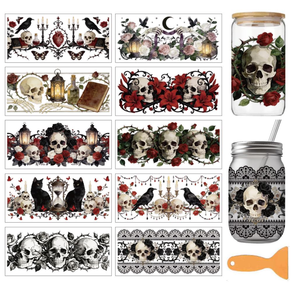 arricraft 10 Sheets Cup Wrap Transfer Stickers, Gothic Style Black Rose Skull Pattern Rub on Transfers PVC UV DTF DIY Transfer Paper for Glass Water Bottle Decoration 9.5x4.3 Inches